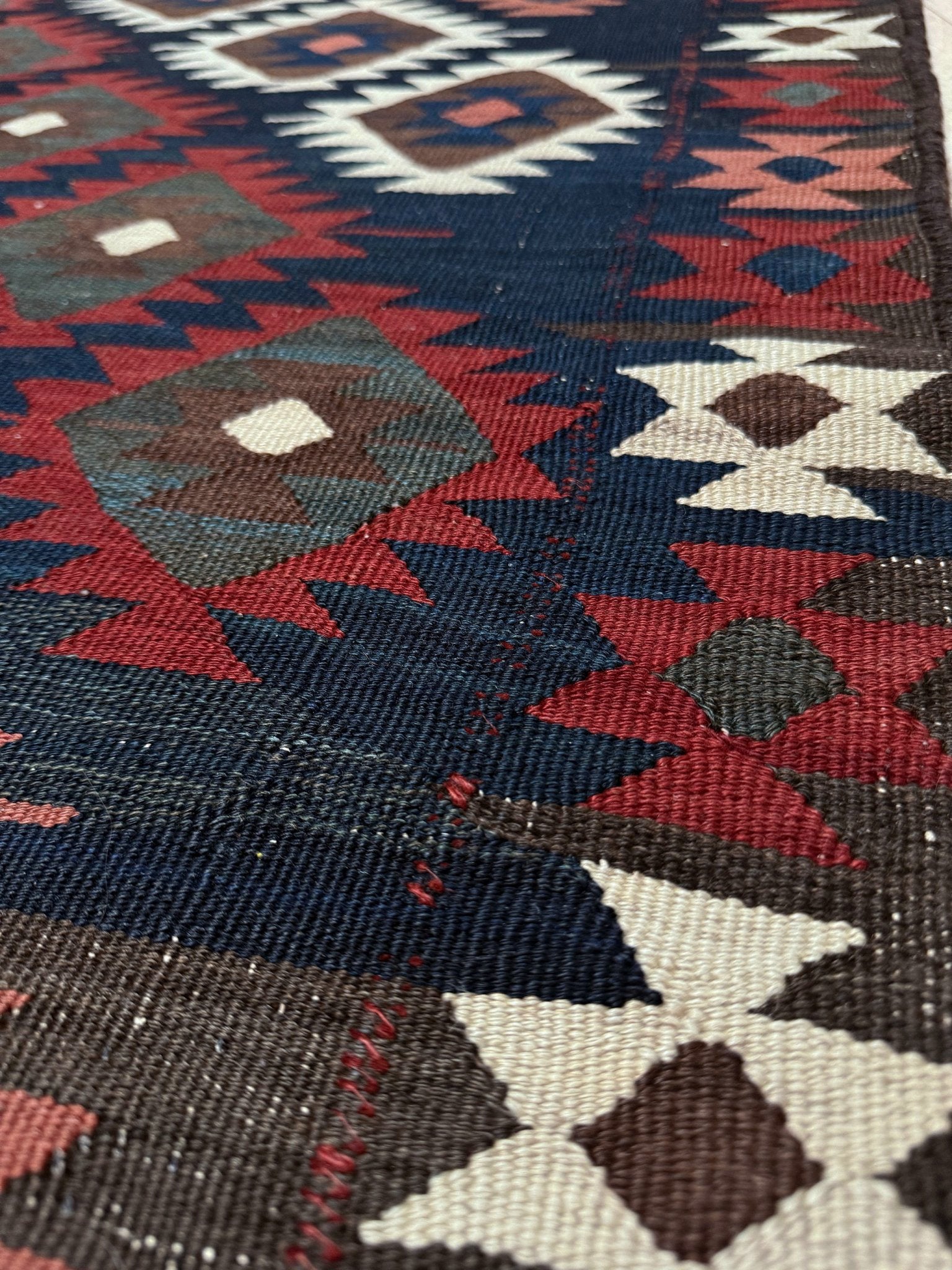 6x10 veramin vintage Persian kilim rug with bold geometric design in midnight blue, brick red, and ivory, handmade wool flatweave from 1950s, perfect for bedroom, living room, kitchen, or study, from best rug shop Burlingame SF Bay Area, free shipping included.
