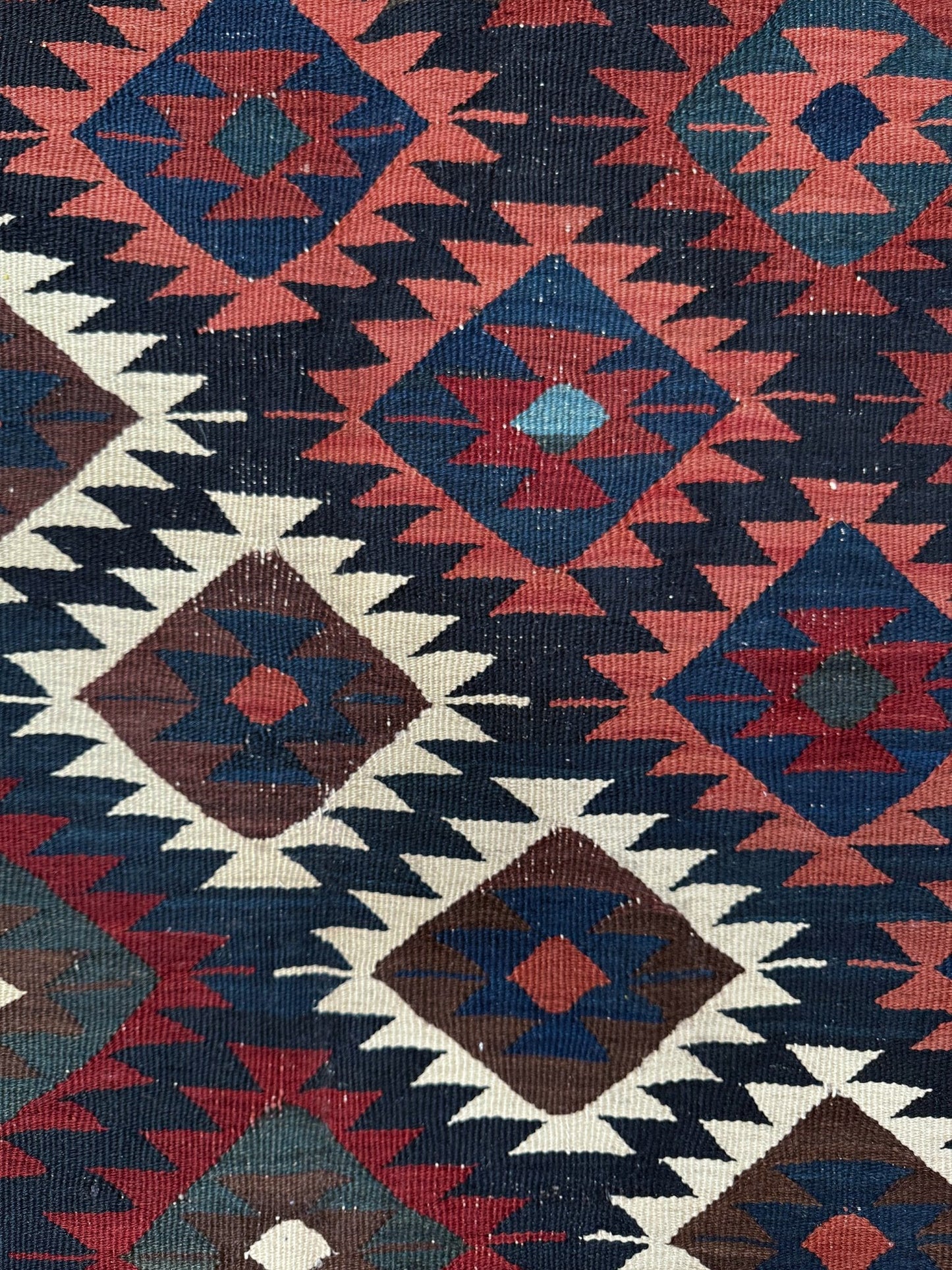6x10 veramin vintage Persian kilim rug with bold geometric design in midnight blue, brick red, and ivory, handmade wool flatweave from 1950s, perfect for bedroom, living room, kitchen, or study, from best rug shop Burlingame SF Bay Area, free shipping included.