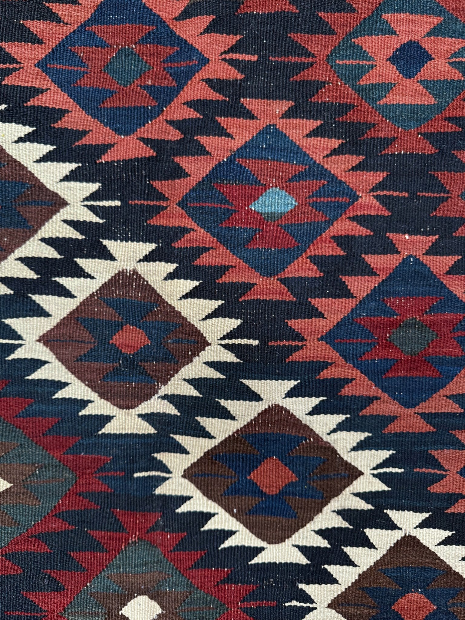 6x10 veramin vintage Persian kilim rug with bold geometric design in midnight blue, brick red, and ivory, handmade wool flatweave from 1950s, perfect for bedroom, living room, kitchen, or study, from best rug shop Burlingame SF Bay Area, free shipping included.