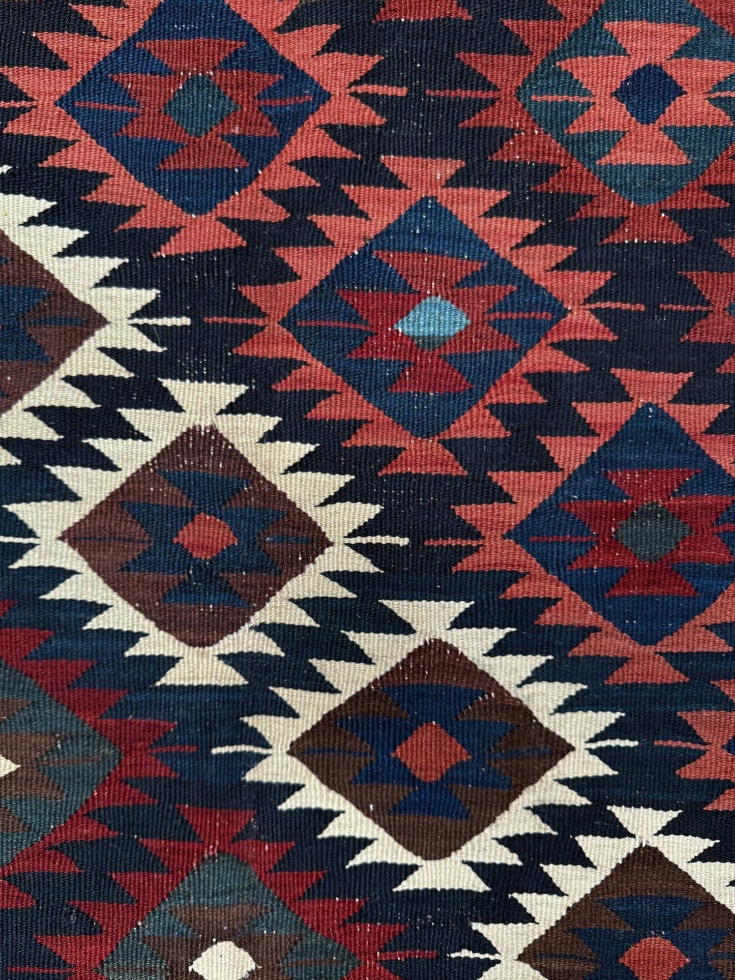 6x10 veramin vintage Persian kilim rug with bold geometric design in midnight blue, brick red, and ivory, handmade wool flatweave from 1950s, perfect for bedroom, living room, kitchen, or study, from best rug shop Burlingame SF Bay Area, free shipping included.