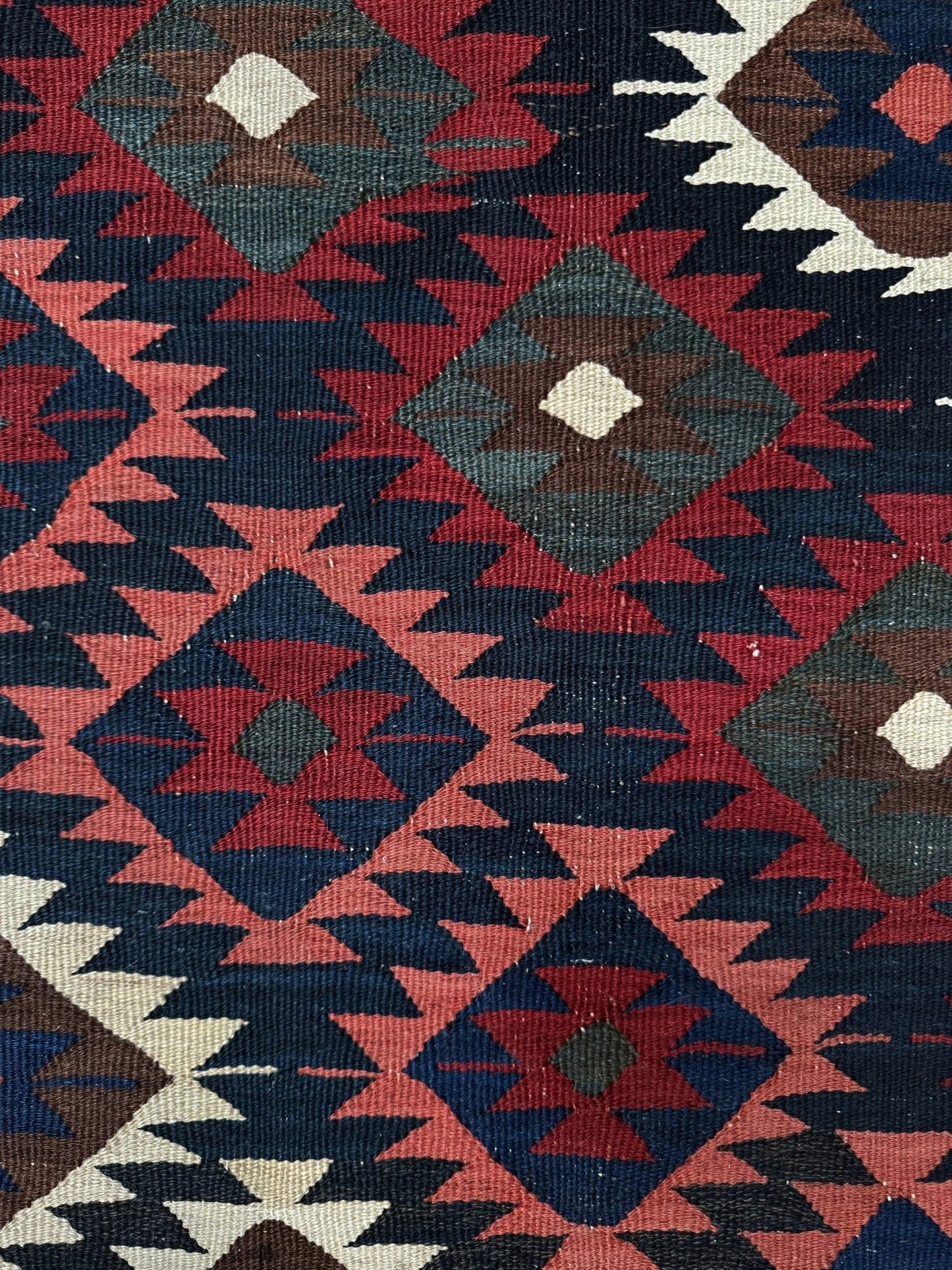 6x10 veramin vintage Persian kilim rug with bold geometric design in midnight blue, brick red, and ivory, handmade wool flatweave from 1950s, perfect for bedroom, living room, kitchen, or study, from best rug shop Burlingame SF Bay Area, free shipping included.