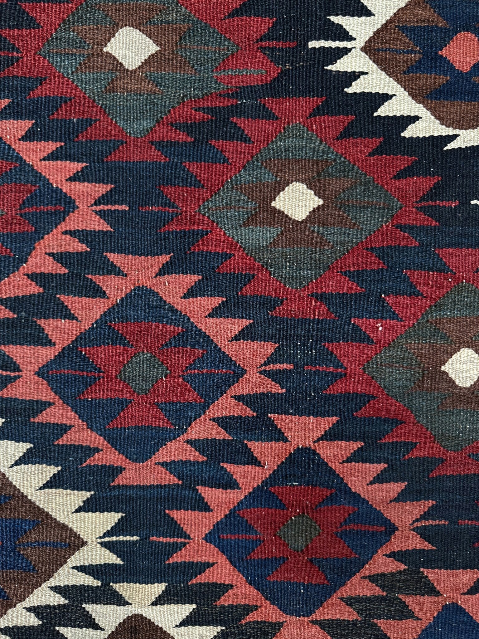 6x10 veramin vintage Persian kilim rug with bold geometric design in midnight blue, brick red, and ivory, handmade wool flatweave from 1950s, perfect for bedroom, living room, kitchen, or study, from best rug shop Burlingame SF Bay Area, free shipping included.