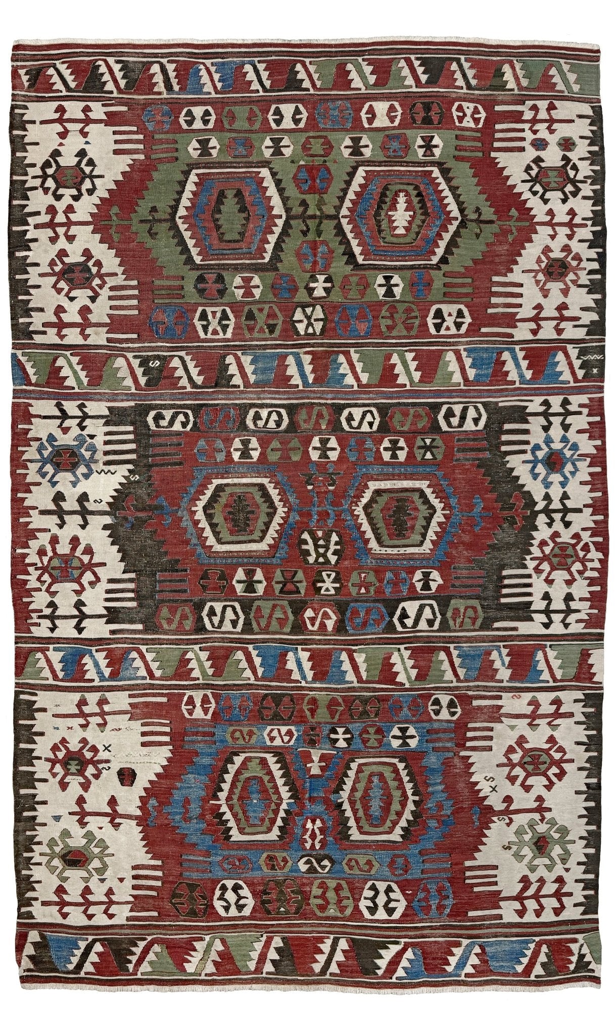 Traditional patterned rug with geometric design on a white background. antique konya turkish kilim rug 6x9 vintage tribal geometric flatweave 1930s distressed handmade anatolian wool rug san francisco bay area rug shop indigo rugs