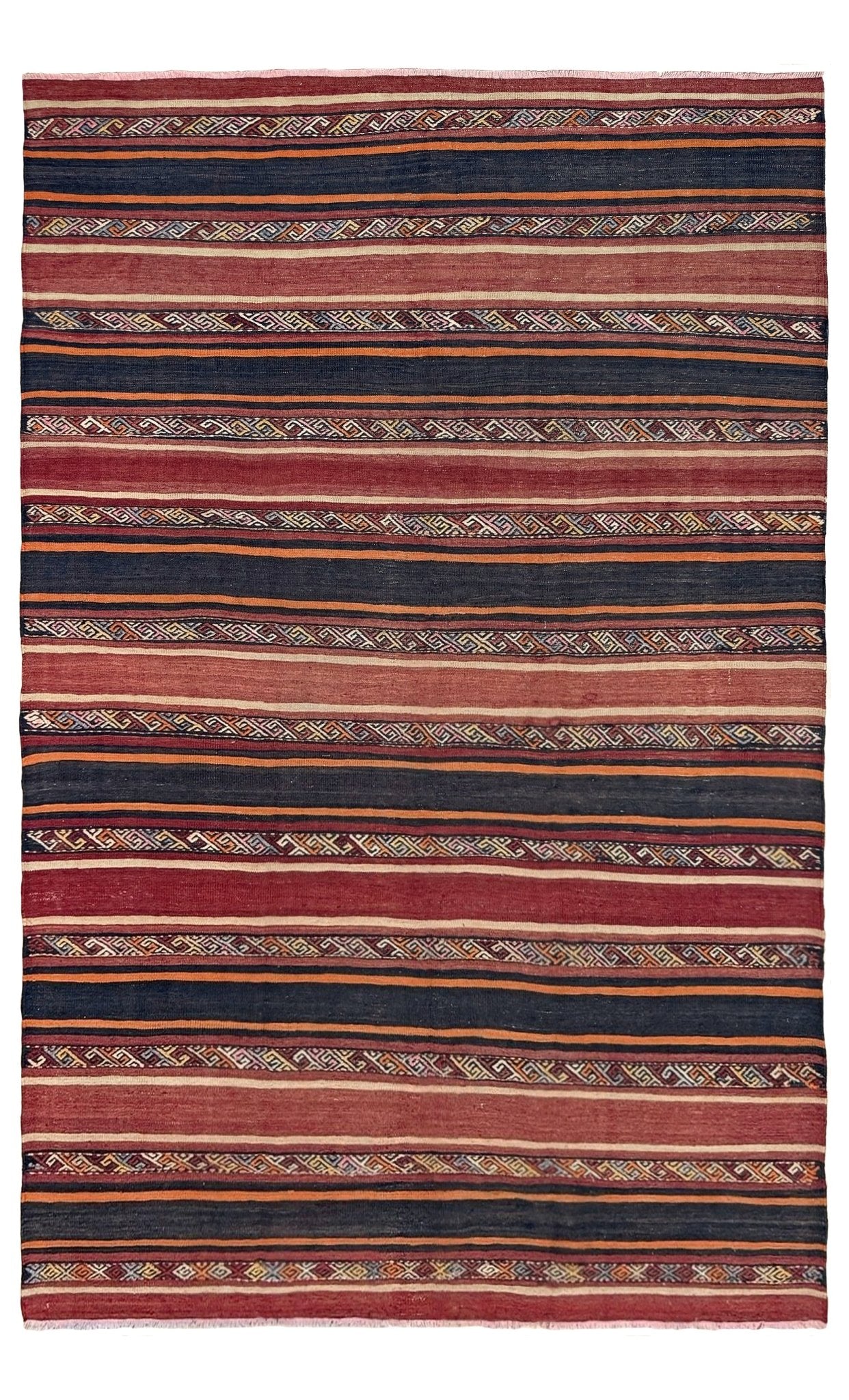 Earthy Large vintage Turkish kilim rug with horizontal tribal stripes in madder red black and earth tones, handmade wool flatweave.