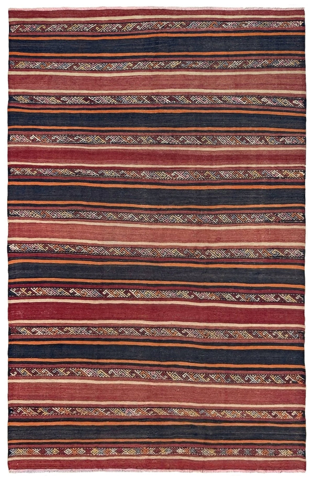Earthy Large vintage Turkish kilim rug with horizontal tribal stripes in madder red black and earth tones, handmade wool flatweave 6x9