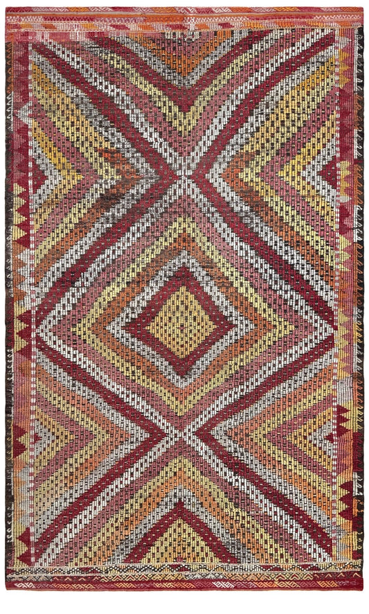 A square woven rug with a bold geometric diamond and chevron pattern in rust red, mustard yellow, beige, and gray. 6x9 Vintage Turkish cicim kilim rug with bold diamond pattern, handmade Turkish embroidered wool flatweave from Indigo Rugs Burlingame Bay Area.
