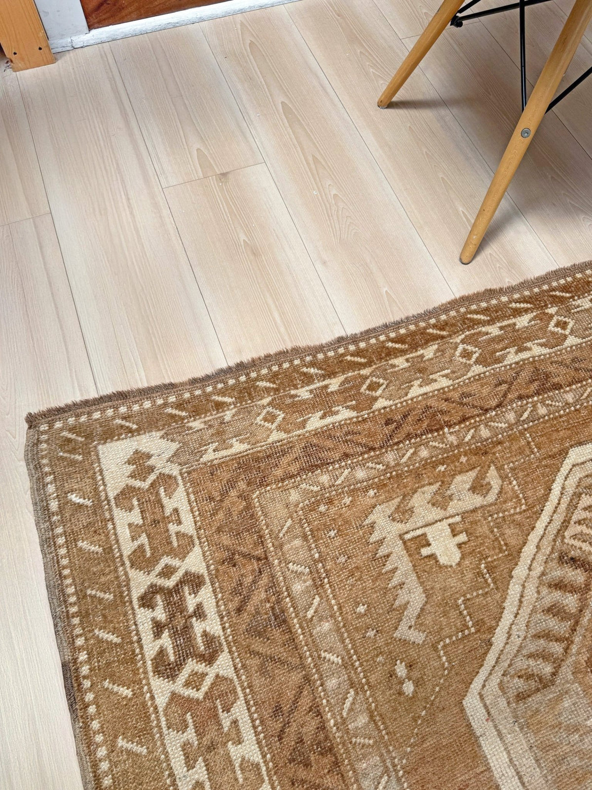 7x9 Muted brown vintage Kars Kurdish rug with three geometric medallions, stepped tribal motifs, ivory borders and naturally worn wool pile, handmade in Eastern Turkey,