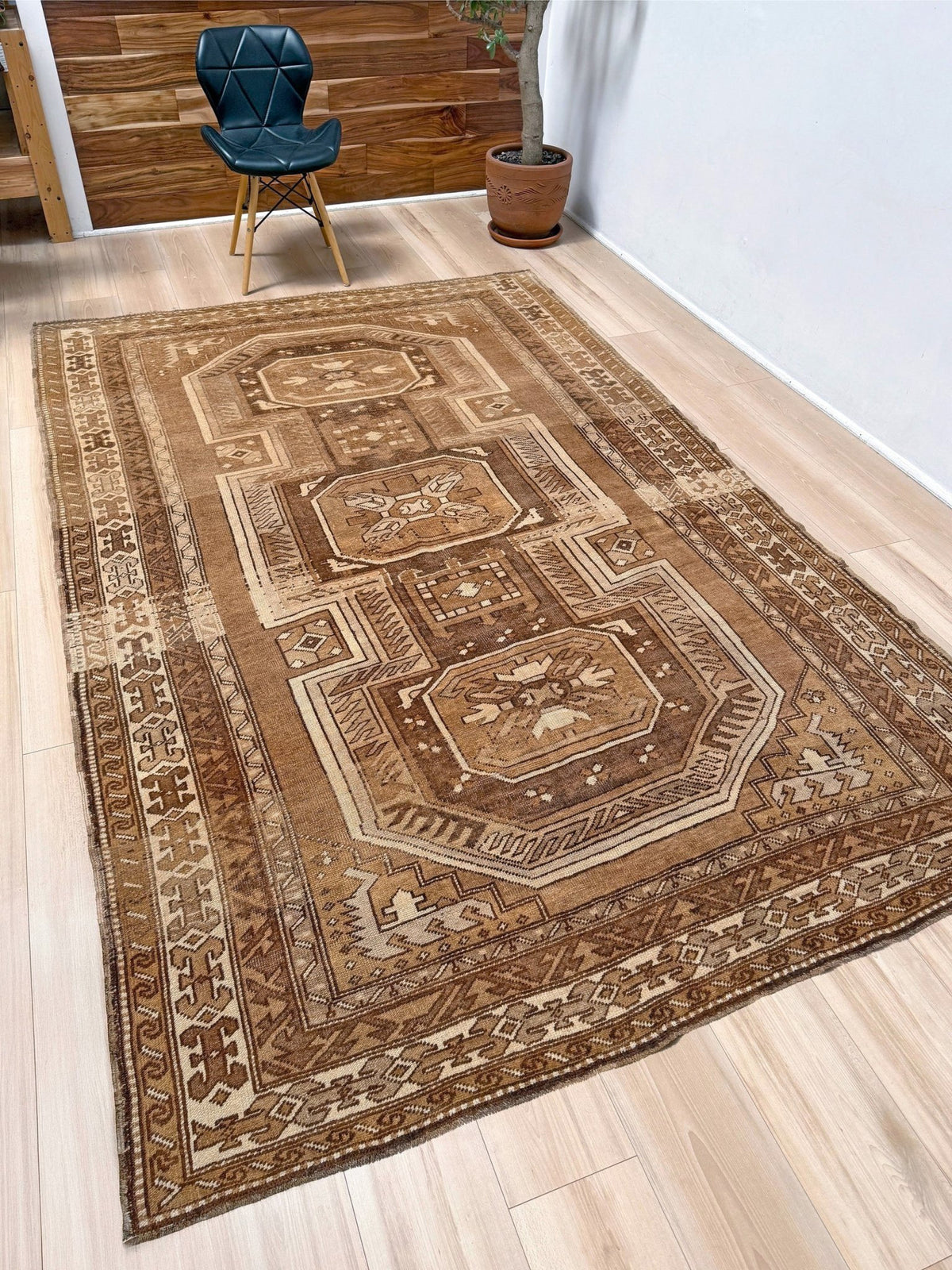 Earthy Brown Kars Vintage Kurdish Rug • Handmade Wool Geometric Area Rug (6'x9'4")