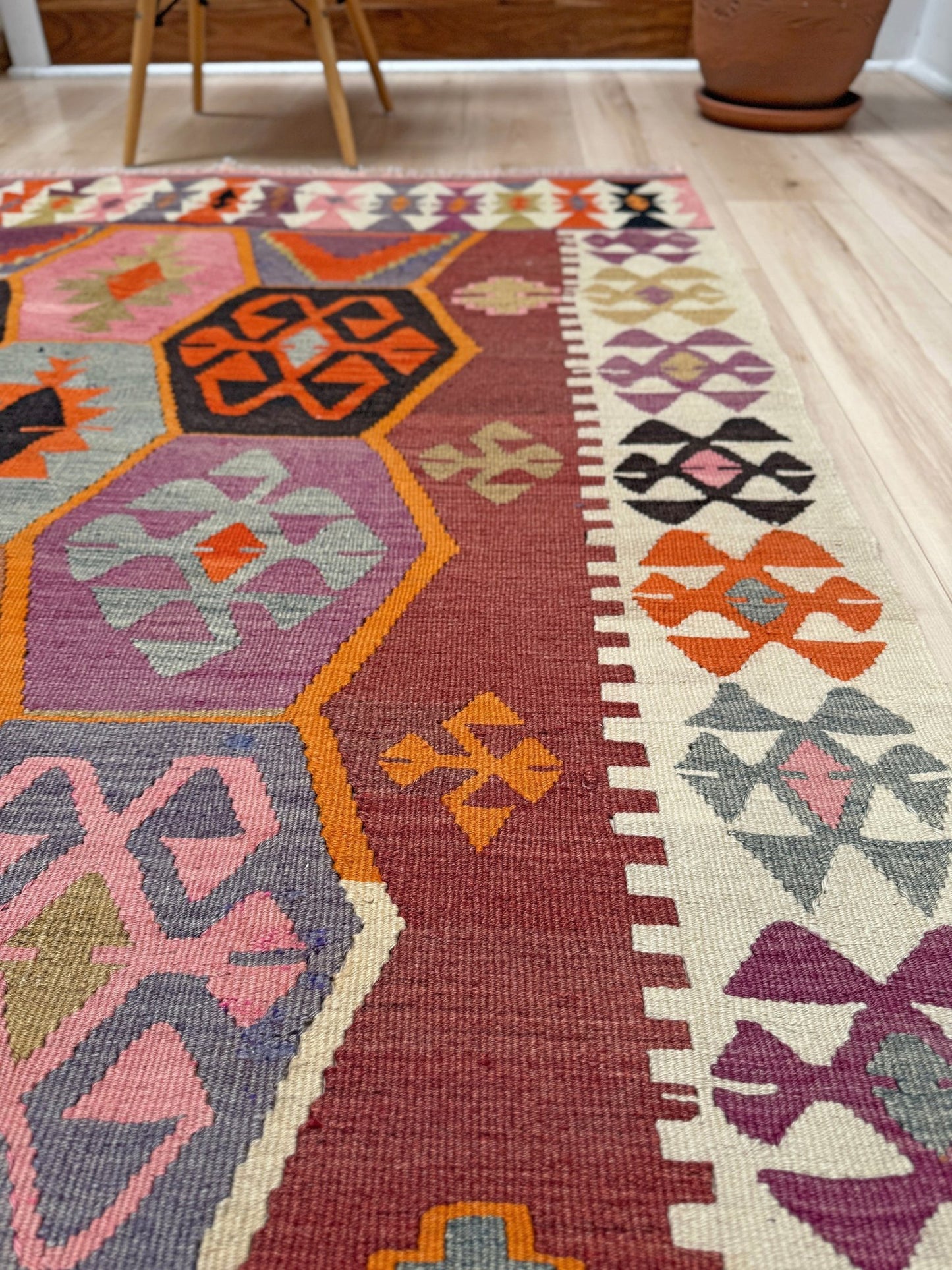 Handmade vintage Turkish kilim rug from 1960s, 5x12 runner with tribal motifs and vibrant colors like terracotta, magenta, ochre, and violet; perfect for entry, hallway, living room, bedroom, kitchen, or dining. Best for boho or modern decor. From the best rug shop San Mateo SF Bay Area with free shipping.