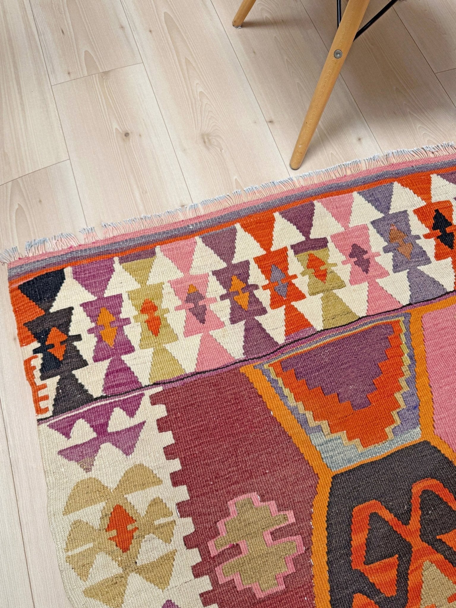 Handmade vintage Turkish kilim rug from 1960s, 5x12 runner with tribal motifs and vibrant colors like terracotta, magenta, ochre, and violet; perfect for entry, hallway, living room, bedroom, kitchen, or dining. Best for boho or modern decor. From the best rug shop San Mateo SF Bay Area with free shipping.