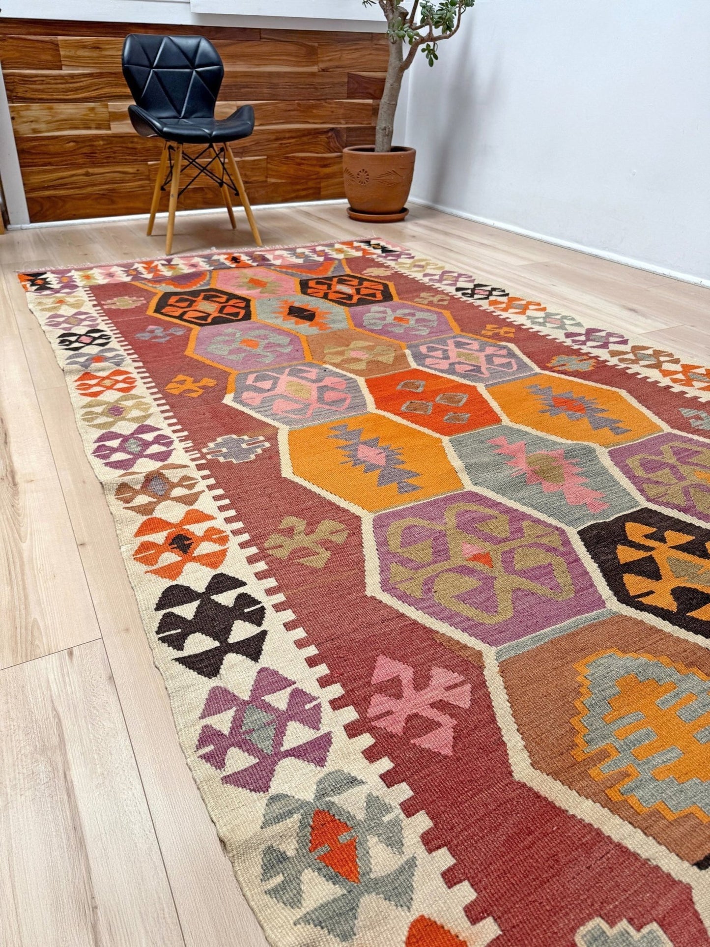 Handmade vintage Turkish kilim rug from 1960s, 5x12 runner with tribal motifs and vibrant colors like terracotta, magenta, ochre, and violet; perfect for entry, hallway, living room, bedroom, kitchen, or dining. Best for boho or modern decor. From the best rug shop San Mateo SF Bay Area with free shipping.