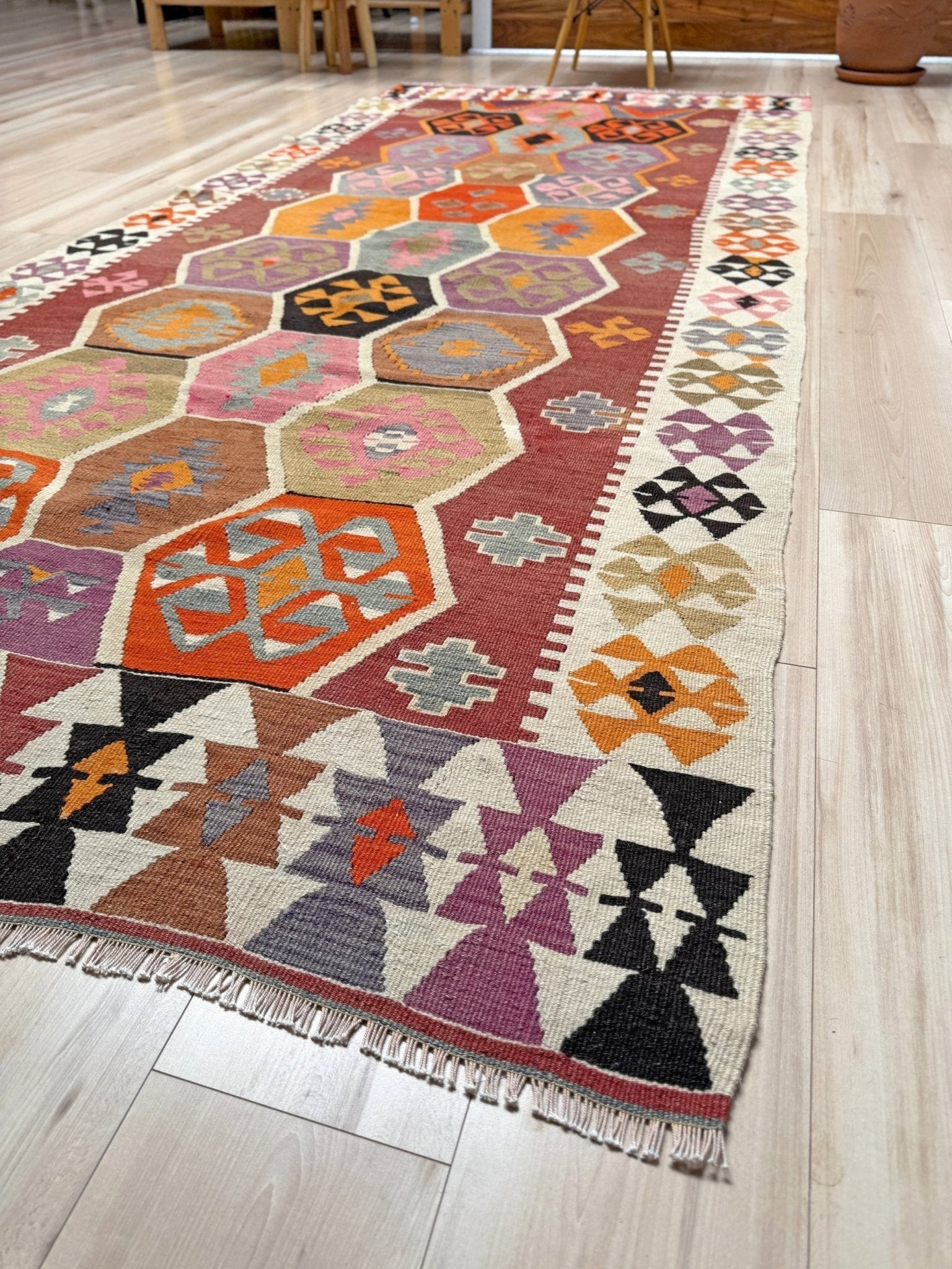 Handmade vintage Turkish kilim rug from 1960s, 5x12 runner with tribal motifs and vibrant colors like terracotta, magenta, ochre, and violet; perfect for entry, hallway, living room, bedroom, kitchen, or dining. Best for boho or modern decor. From the best rug shop San Mateo SF Bay Area with free shipping.