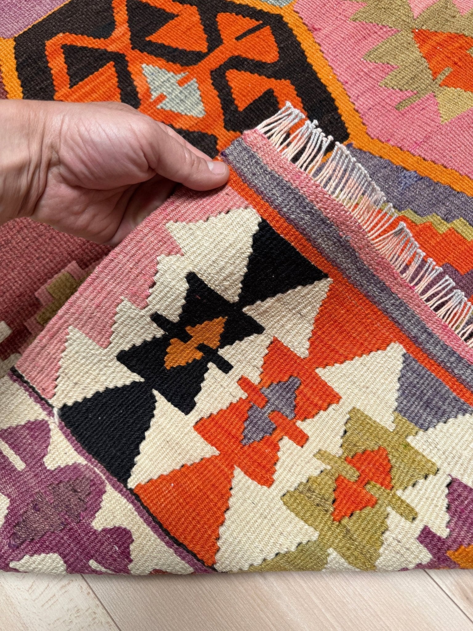 Handmade vintage Turkish kilim rug from 1960s, 5x12 runner with tribal motifs and vibrant colors like terracotta, magenta, ochre, and violet; perfect for entry, hallway, living room, bedroom, kitchen, or dining. Best for boho or modern decor. From the best rug shop San Mateo SF Bay Area with free shipping.