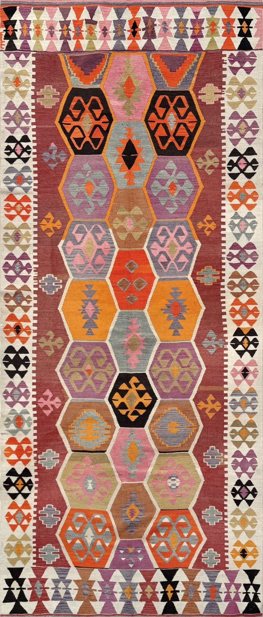 Handmade vintage Turkish kilim rug from 1960s, 5x12 runner with tribal motifs and vibrant colors like terracotta, magenta, ochre, and violet; perfect for entry, hallway, living room, bedroom, kitchen, or dining. Best for boho or modern decor. From the best rug shop San Mateo SF Bay Area with free shipping.