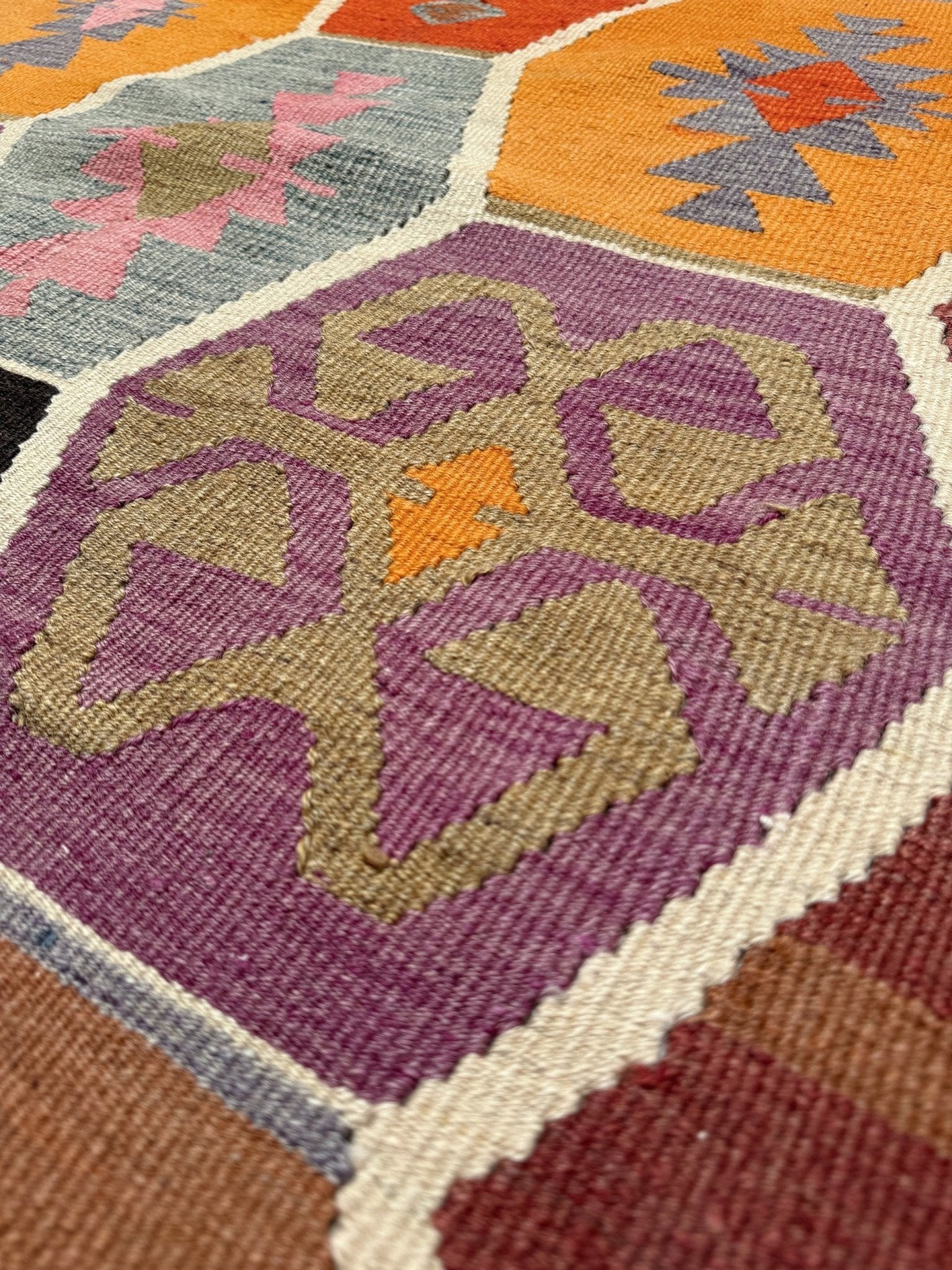 Handmade vintage Turkish kilim rug from 1960s, 5x12 runner with tribal motifs and vibrant colors like terracotta, magenta, ochre, and violet; perfect for entry, hallway, living room, bedroom, kitchen, or dining. Best for boho or modern decor. From the best rug shop San Mateo SF Bay Area with free shipping.