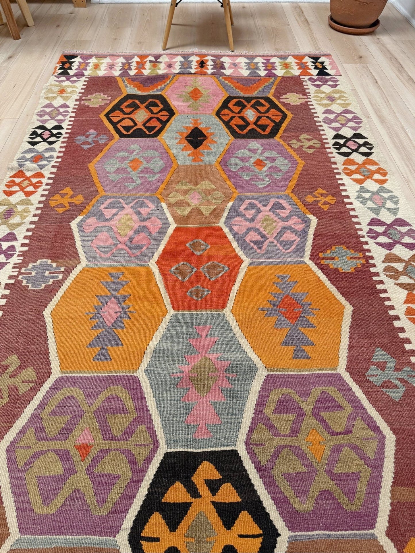 Handmade vintage Turkish kilim rug from 1960s, 5x12 runner with tribal motifs and vibrant colors like terracotta, magenta, ochre, and violet; perfect for entry, hallway, living room, bedroom, kitchen, or dining. Best for boho or modern decor. From the best rug shop San Mateo SF Bay Area with free shipping.