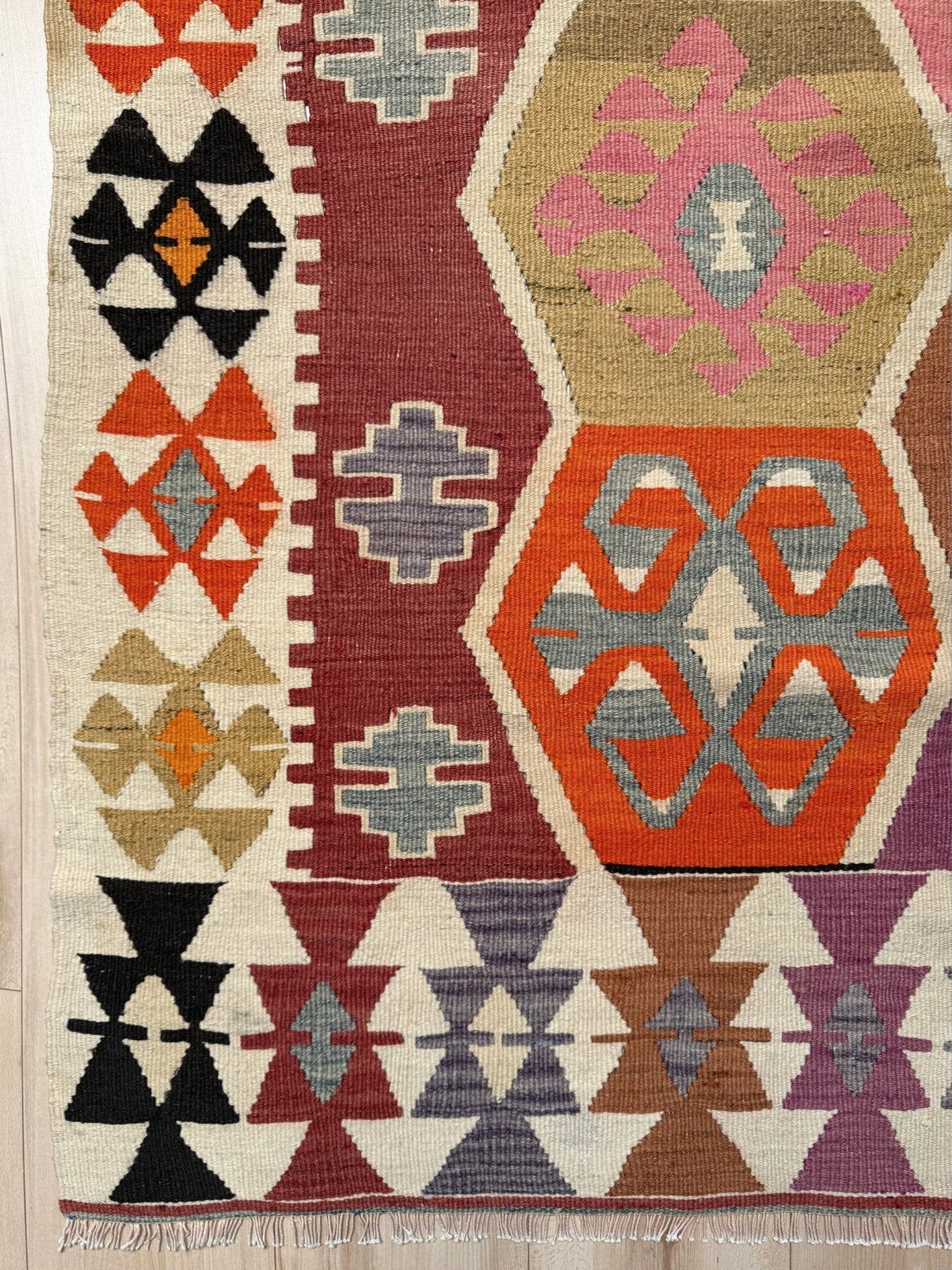Handmade vintage Turkish kilim rug from 1960s, 5x12 runner with tribal motifs and vibrant colors like terracotta, magenta, ochre, and violet; perfect for entry, hallway, living room, bedroom, kitchen, or dining. Best for boho or modern decor. From the best rug shop San Mateo SF Bay Area with free shipping.