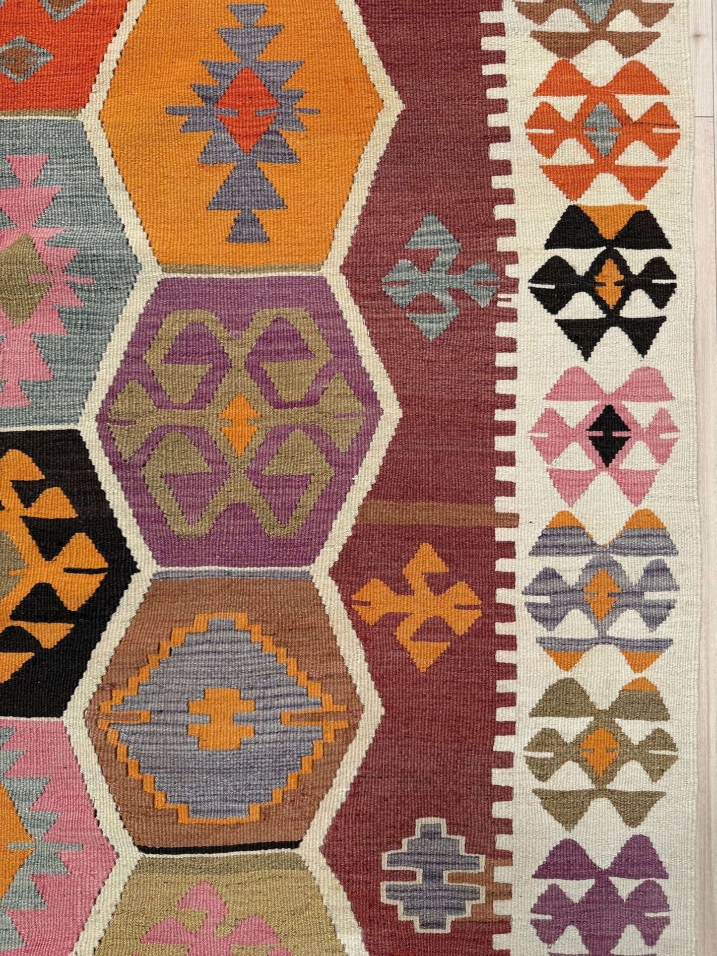 Handmade vintage Turkish kilim rug from 1960s, 5x12 runner with tribal motifs and vibrant colors like terracotta, magenta, ochre, and violet; perfect for entry, hallway, living room, bedroom, kitchen, or dining. Best for boho or modern decor. From the best rug shop San Mateo SF Bay Area with free shipping.