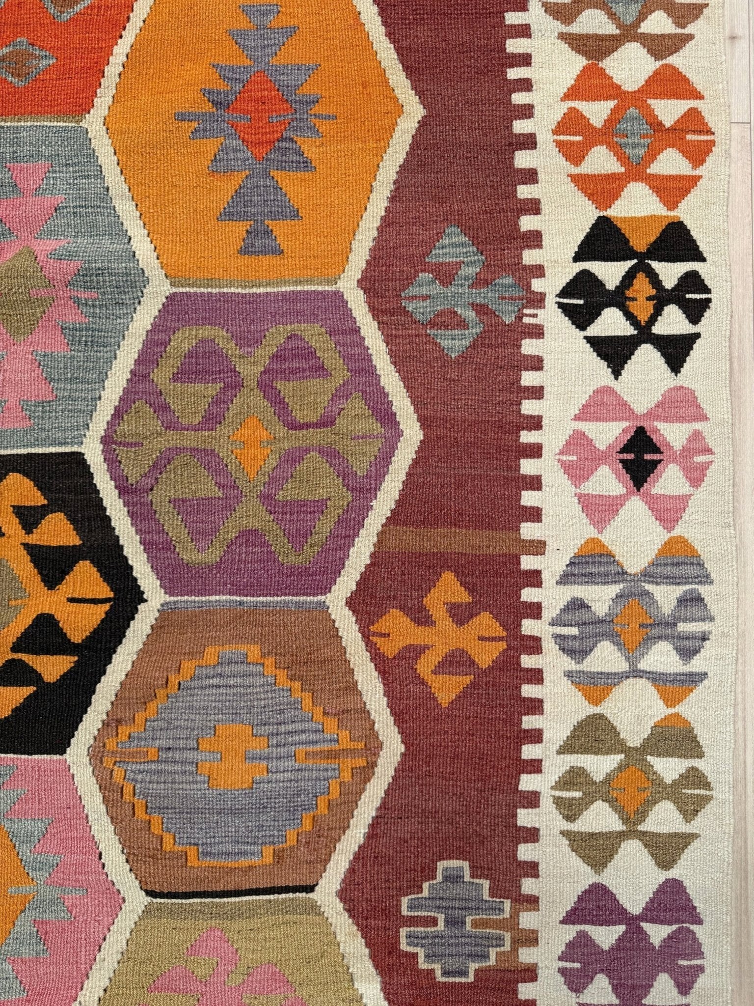 Handmade vintage Turkish kilim rug from 1960s, 5x12 runner with tribal motifs and vibrant colors like terracotta, magenta, ochre, and violet; perfect for entry, hallway, living room, bedroom, kitchen, or dining. Best for boho or modern decor. From the best rug shop San Mateo SF Bay Area with free shipping.