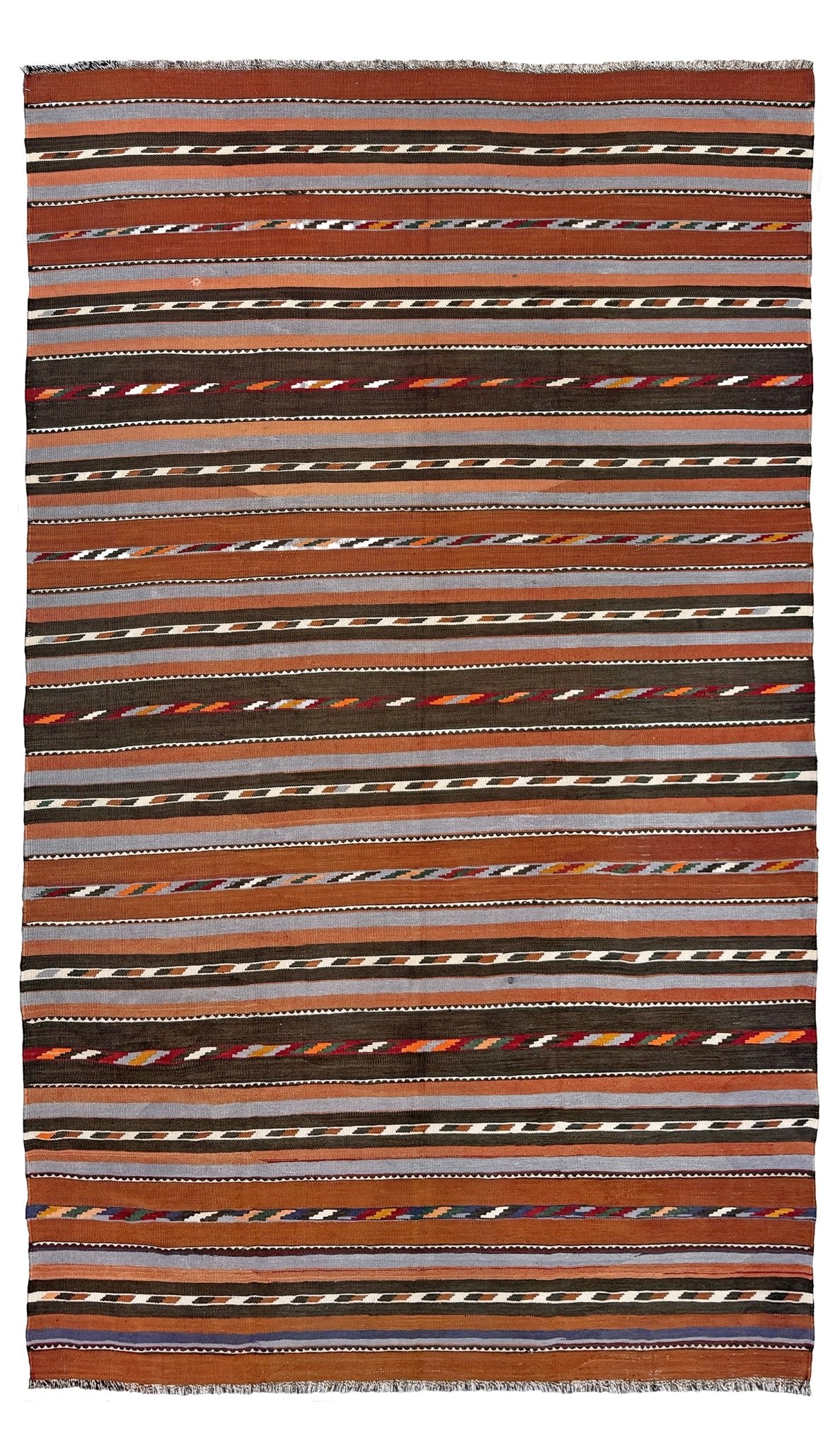 Striped rug with brown, beige, and black pattern on a white background. Vintage Caucasian kilim rug with horizontal tribal stripes in rust, brown, gray, and ivory tones, handwoven wool flatweave rug 6x9