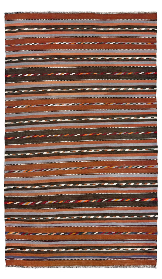 Striped rug with brown, beige, and black pattern on a white background. Vintage Caucasian kilim rug with horizontal tribal stripes in rust, brown, gray, and ivory tones, handwoven wool flatweave rug 6x9