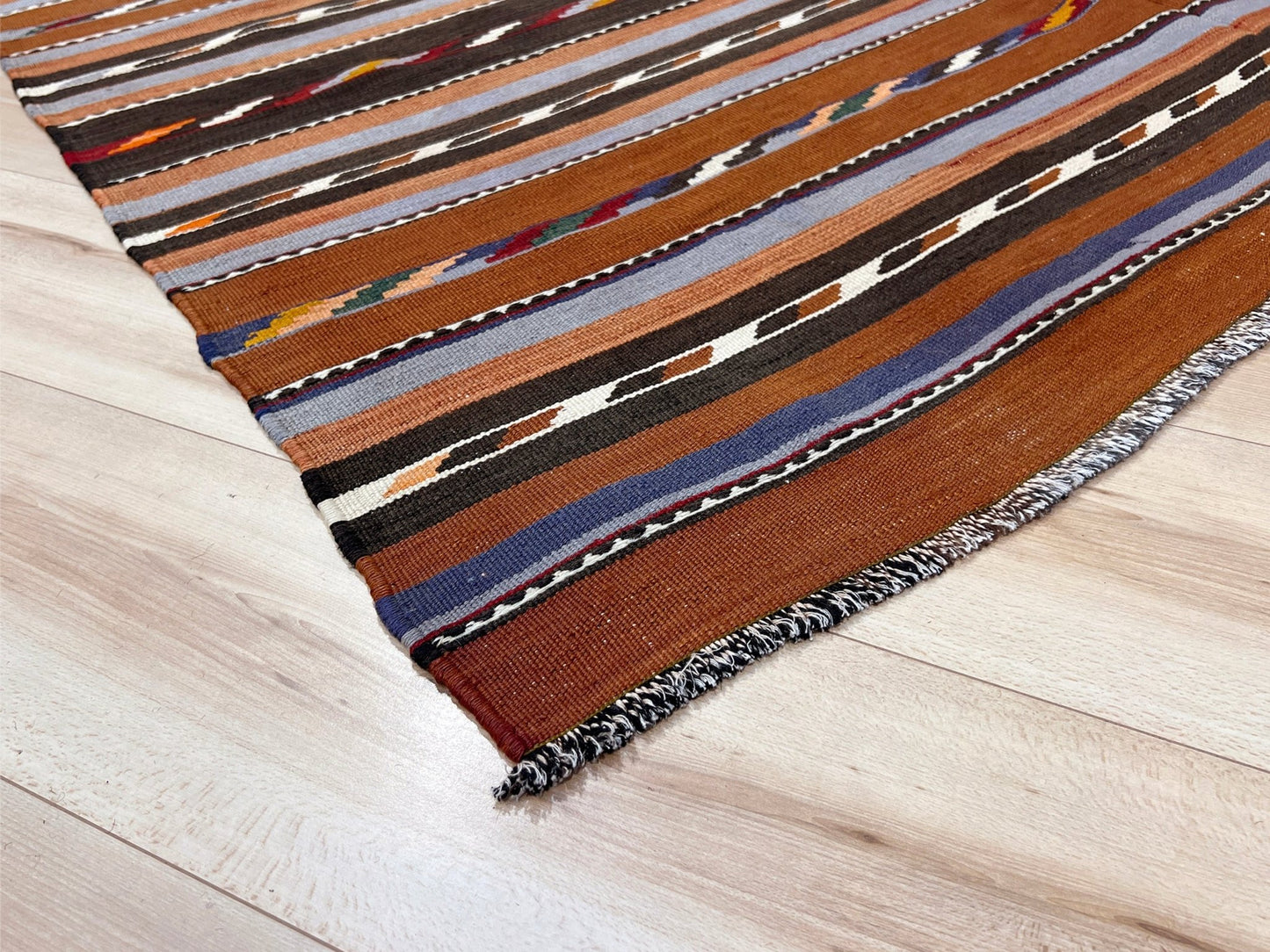 Vintage Caucasian kilim rug with horizontal tribal stripes in rust, brown, gray, and ivory tones, handwoven wool flatweave rug 6x9