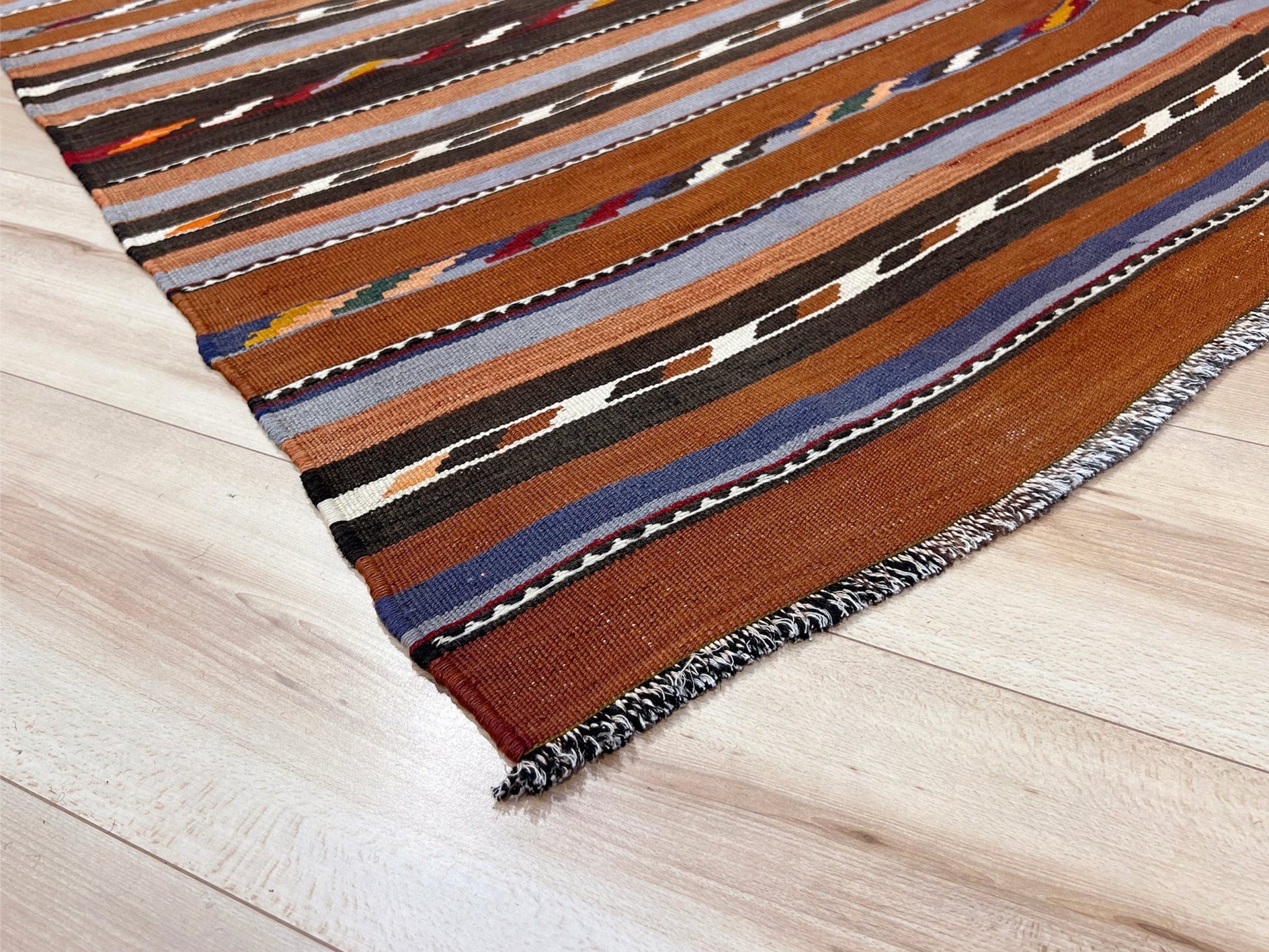 Vintage Caucasian kilim rug with horizontal tribal stripes in rust, brown, gray, and ivory tones, handwoven wool flatweave rug 6x9