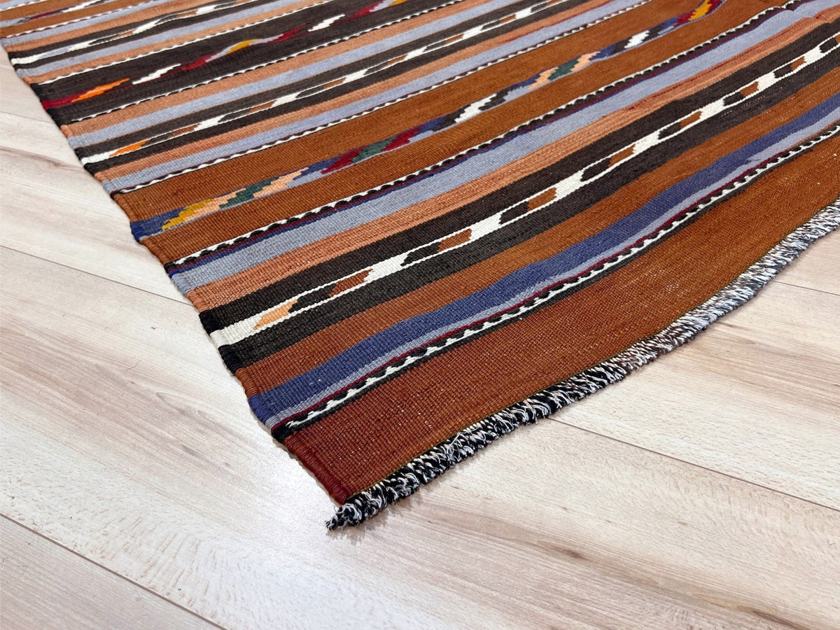 Earthy Tribal Stripe Caucasian Kilim • Vintage Handwoven Wool Flatweave Rug (5'6"x9'3")