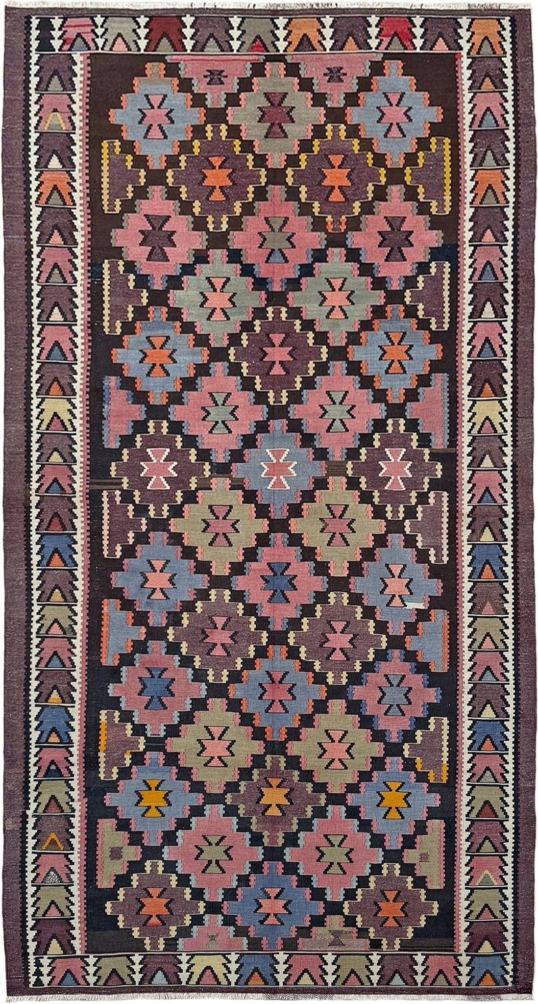 Multicolored patterned rug with geometric design. Charcoal plum vintage Caucasian kilim runner with stepped diamond geometric design and Nazar motif, handwoven wool flatweave rug, approx. 5x9 flatweave area rug from best rug shop in SF Bay Area, Burlingame CA with free shipping.