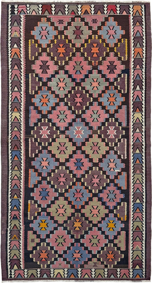 Multicolored patterned rug with geometric design. Charcoal plum vintage Caucasian kilim runner with stepped diamond geometric design and Nazar motif, handwoven wool flatweave rug, approx. 5x9 flatweave area rug from best rug shop in SF Bay Area, Burlingame CA with free shipping.