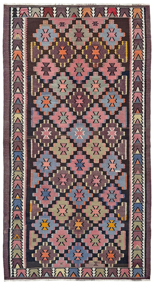 Diamond Caucasian Kilim • Handmade Vintage Flatweave Rug (4'11"x9'2")