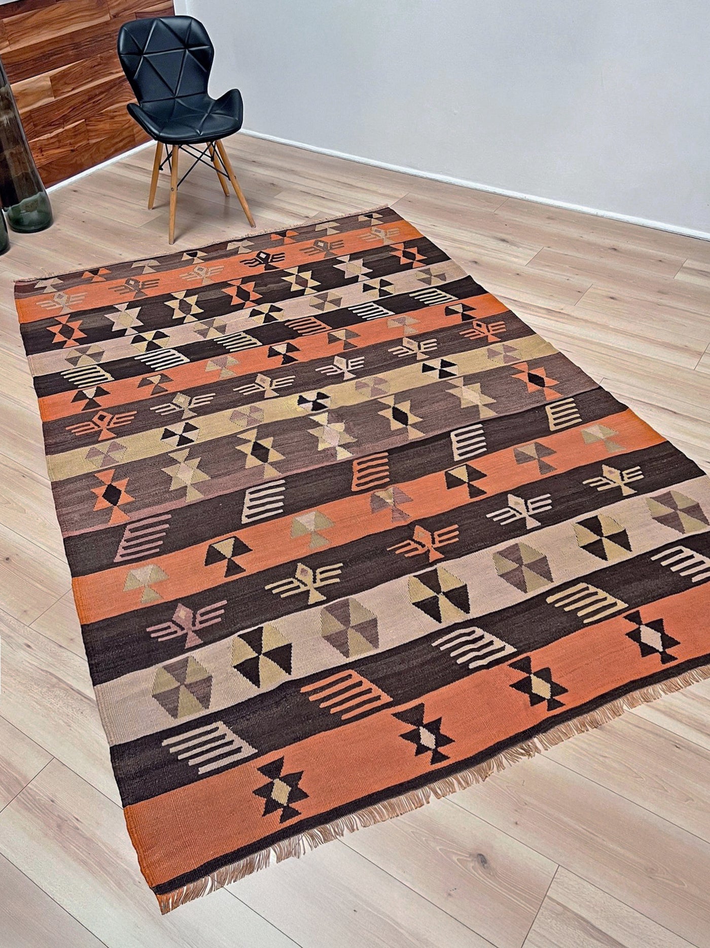 Earthy Vintage Central Anatolian Turkish kilim rug, 6x8 with horizontal tribal bands and geometric motifs. 