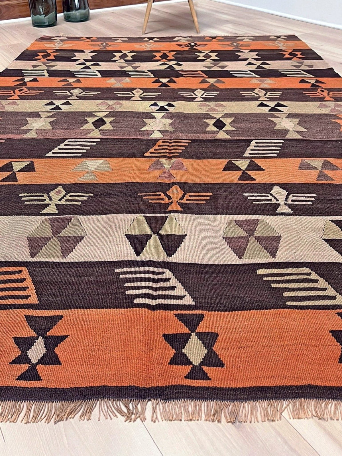 Vintage Central Anatolian Turkish kilim rug, 6x8 with horizontal tribal bands and geometric motifs. 