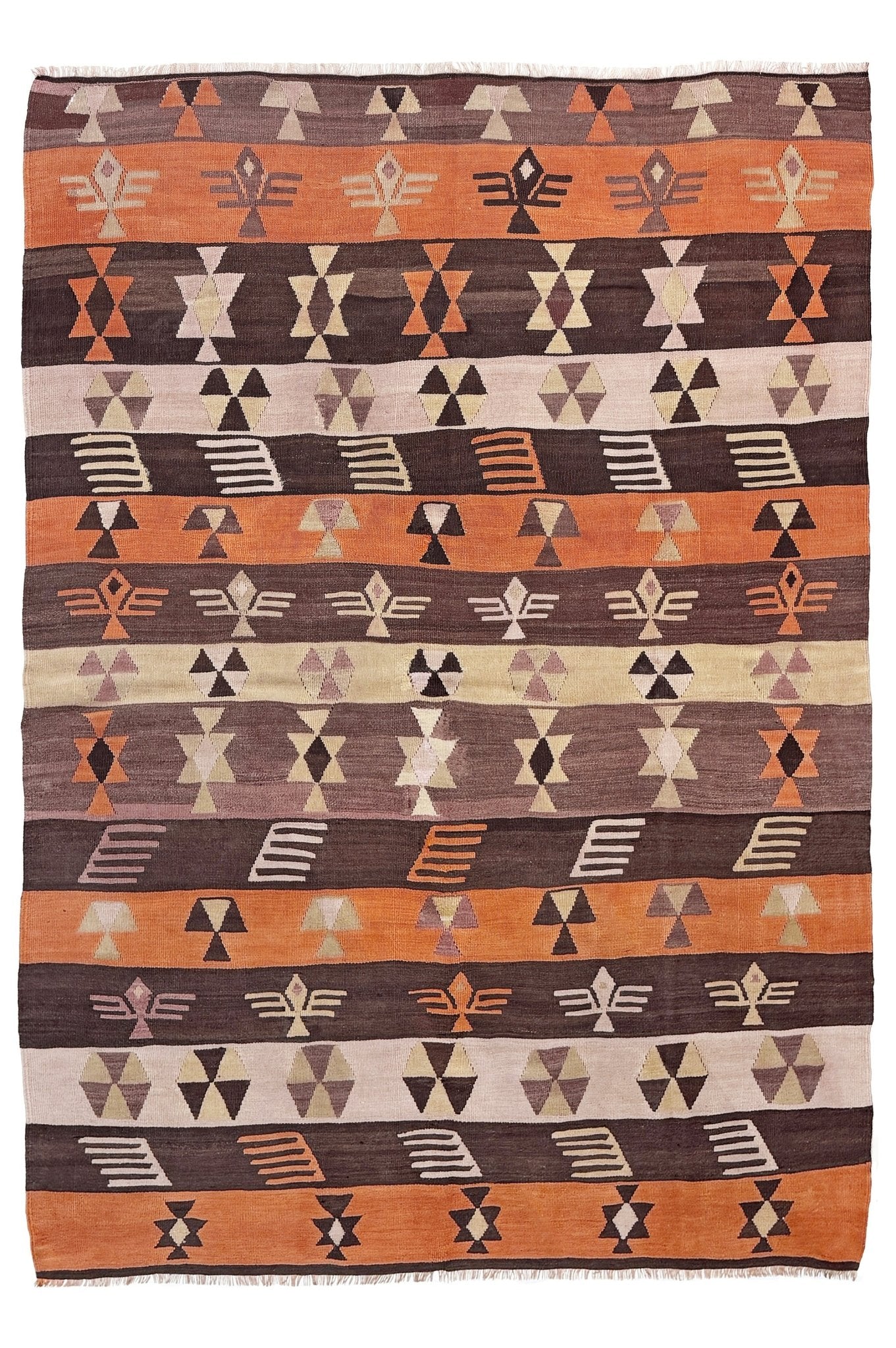 Patterned rug with geometric design in brown, orange, and beige colors. Vintage Central Anatolian Turkish kilim rug, 6x8 with horizontal tribal bands and geometric motifs. 