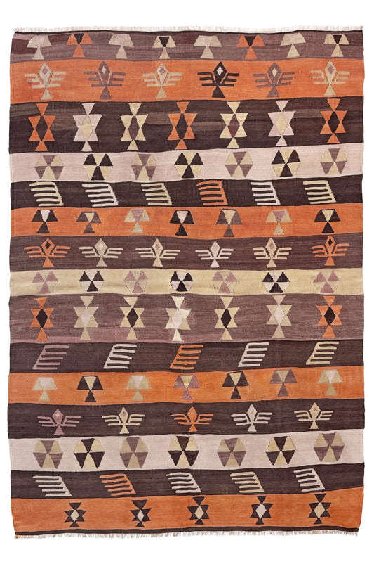 Patterned rug with geometric design in brown, orange, and beige colors. Vintage Central Anatolian Turkish kilim rug, 6x8 with horizontal tribal bands and geometric motifs. 