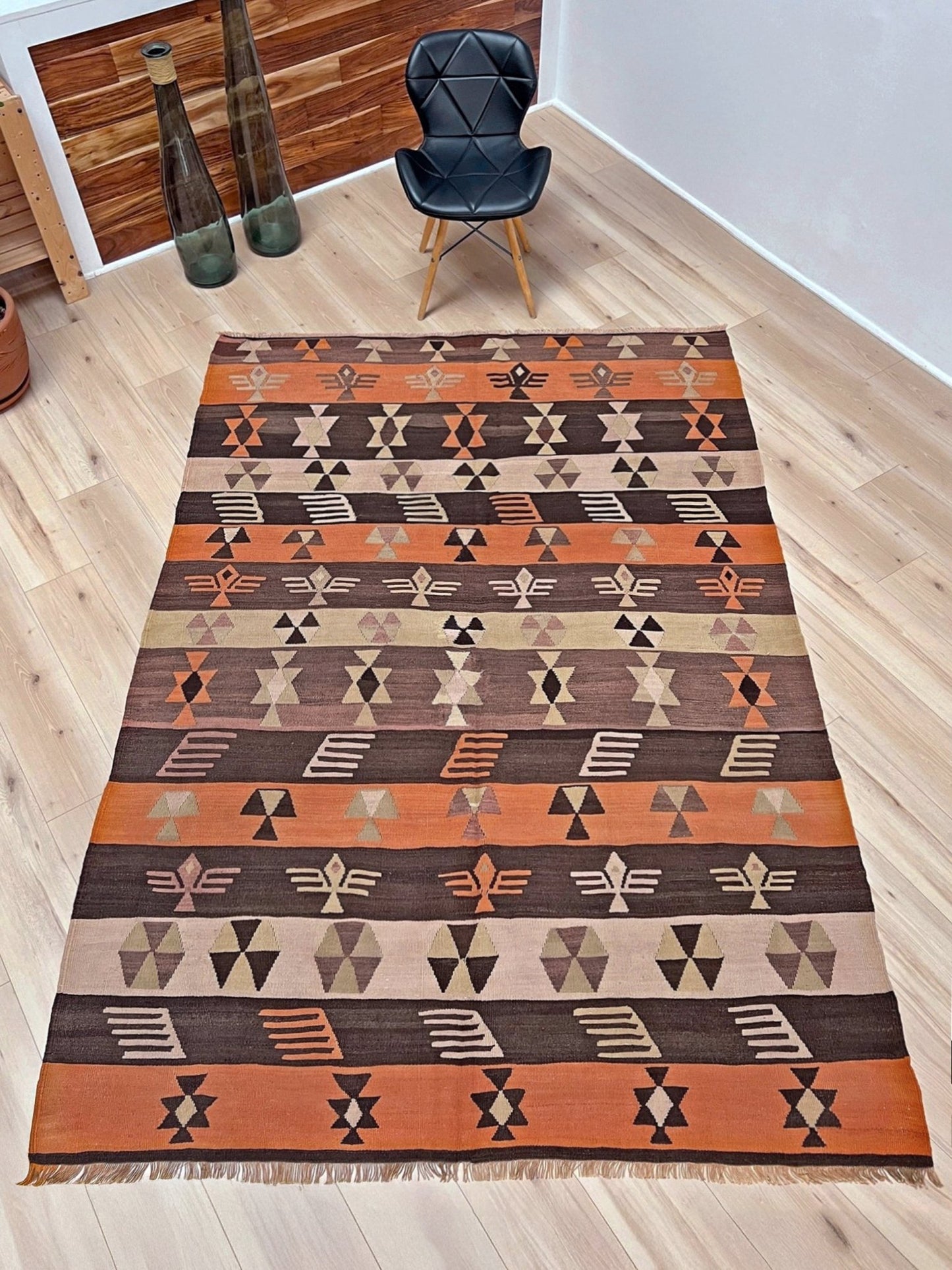 Vintage Central Anatolian Turkish kilim rug, 6x8 with horizontal tribal bands and geometric motifs. 