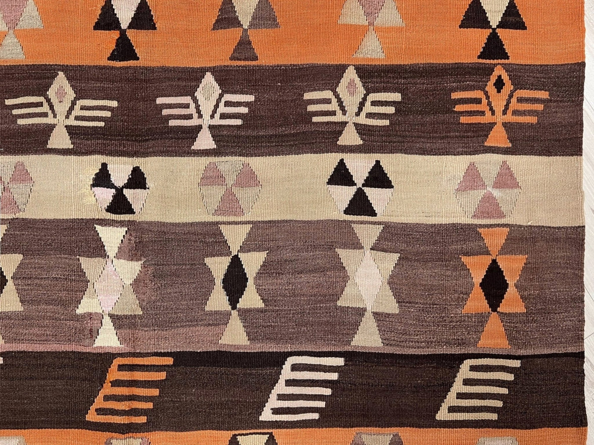Vintage Central Anatolian Turkish kilim rug, 6x8 with horizontal tribal bands and geometric motifs. 