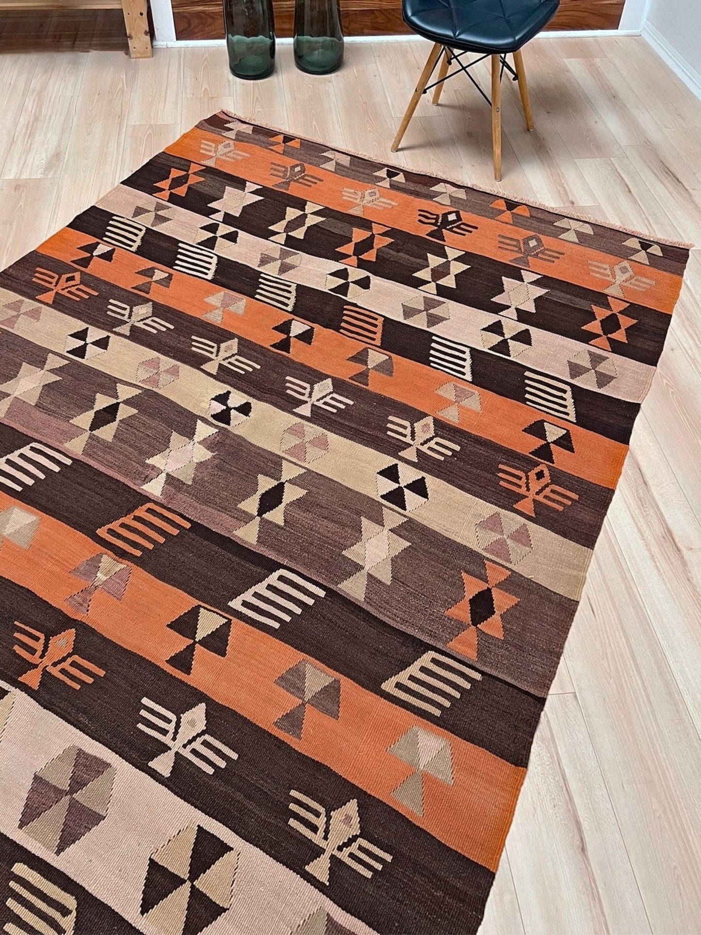 Earthy Vintage Central Anatolian Turkish kilim rug, 6x8 with horizontal tribal bands and geometric motifs. 