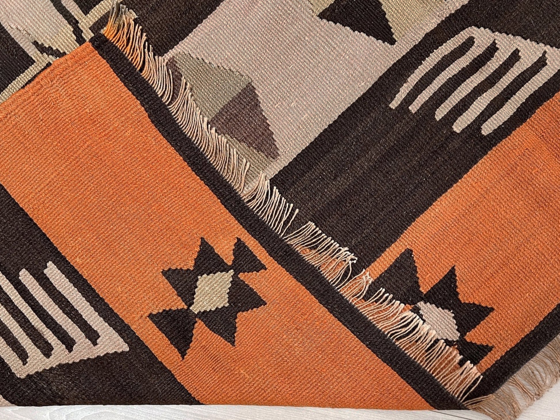Earthy Vintage Central Anatolian Turkish kilim rug, 6x8 with horizontal tribal bands and geometric motifs. 