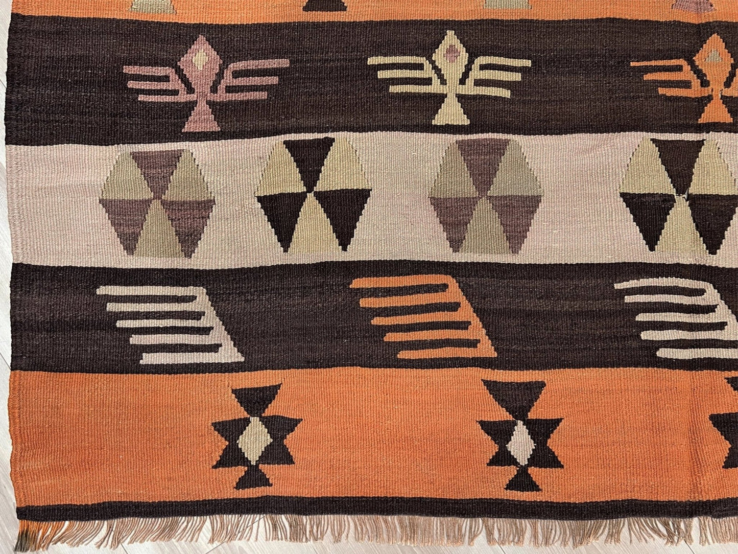 Earthy Vintage Central Anatolian Turkish kilim rug, 6x8 with horizontal tribal bands and geometric motifs. 