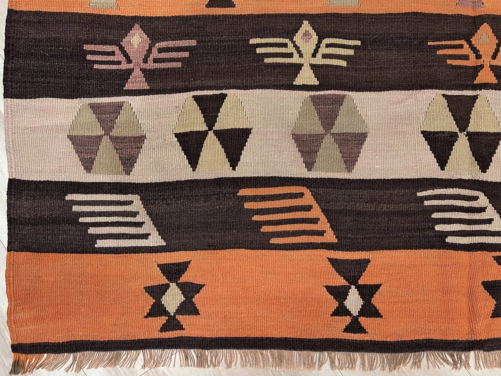 Earthy Vintage Central Anatolian Turkish kilim rug, 6x8 with horizontal tribal bands and geometric motifs. 
