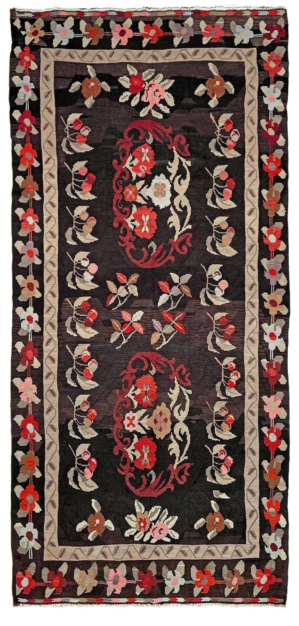 Handmade vintage Karabagh kilim wide runner rug, 6x12, with dark chocolate brown field and large floral motifs in crimson, rose, ivory, and olive tones.