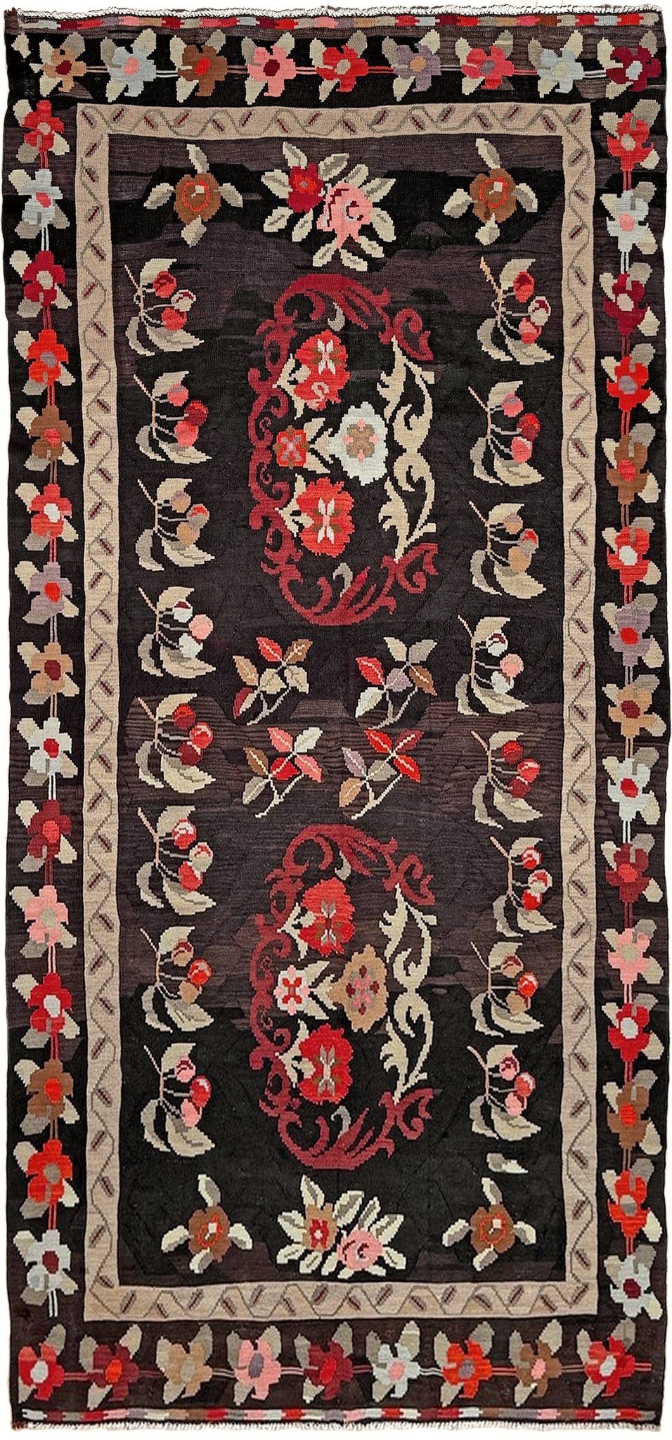 Handmade vintage Karabagh kilim wide runner rug, approx. 6x12, with dark chocolate brown field and large floral motifs in crimson, rose, ivory, and olive tones.