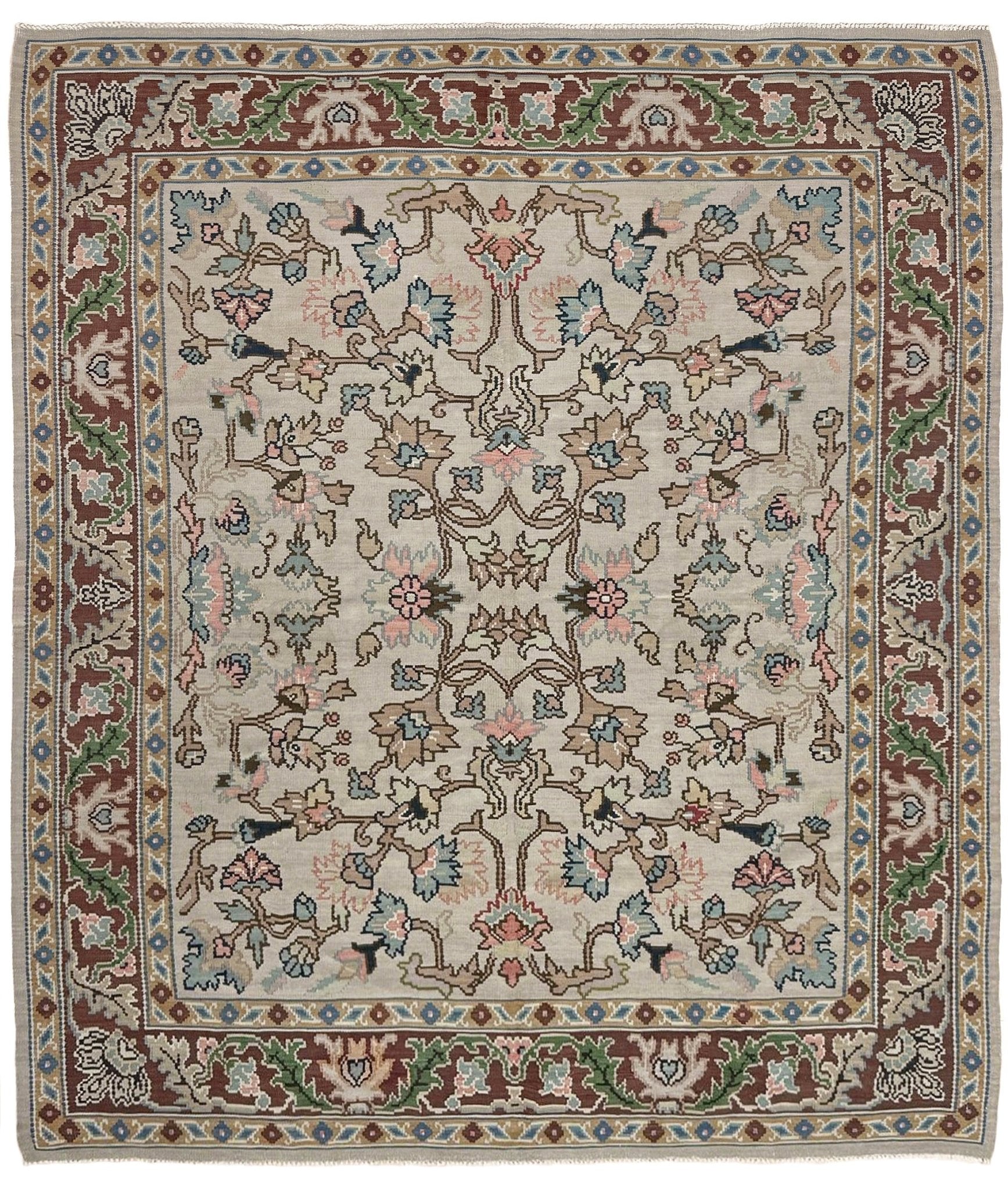 Handmade square 8x9 vintage Balkan floral kilim flatweave rug with light parchment field and vine-and-blossom design in dusty blue, rose, and sage tones.