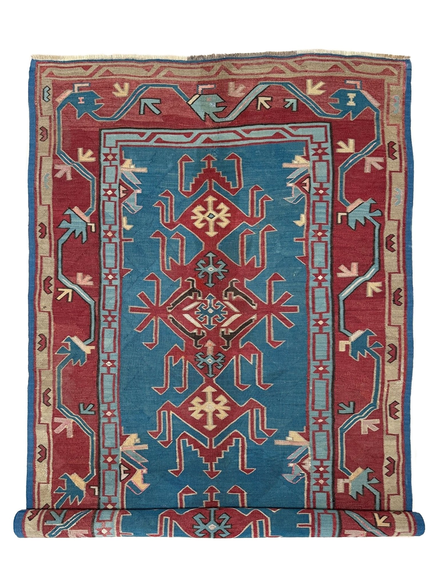 4x10 vintage tribal Avar blue Caucasian kilim flatweave wide runner rug from the best rug shop in San Mateo, SF Bay Area – handmade wool rug with bold geometric design, perfect for hallway, entry, bedroom, living room, or dining area – free shipping included.