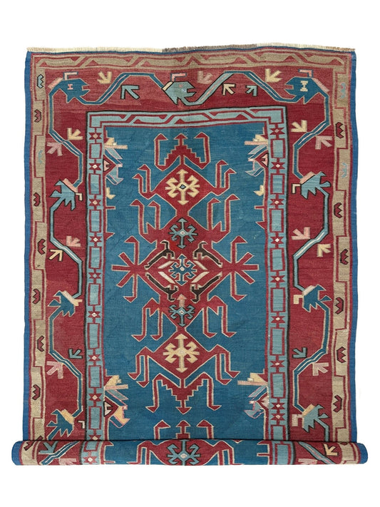4x10 vintage tribal Avar blue Caucasian kilim flatweave wide runner rug from the best rug shop in San Mateo, SF Bay Area – handmade wool rug with bold geometric design, perfect for hallway, entry, bedroom, living room, or dining area – free shipping included.