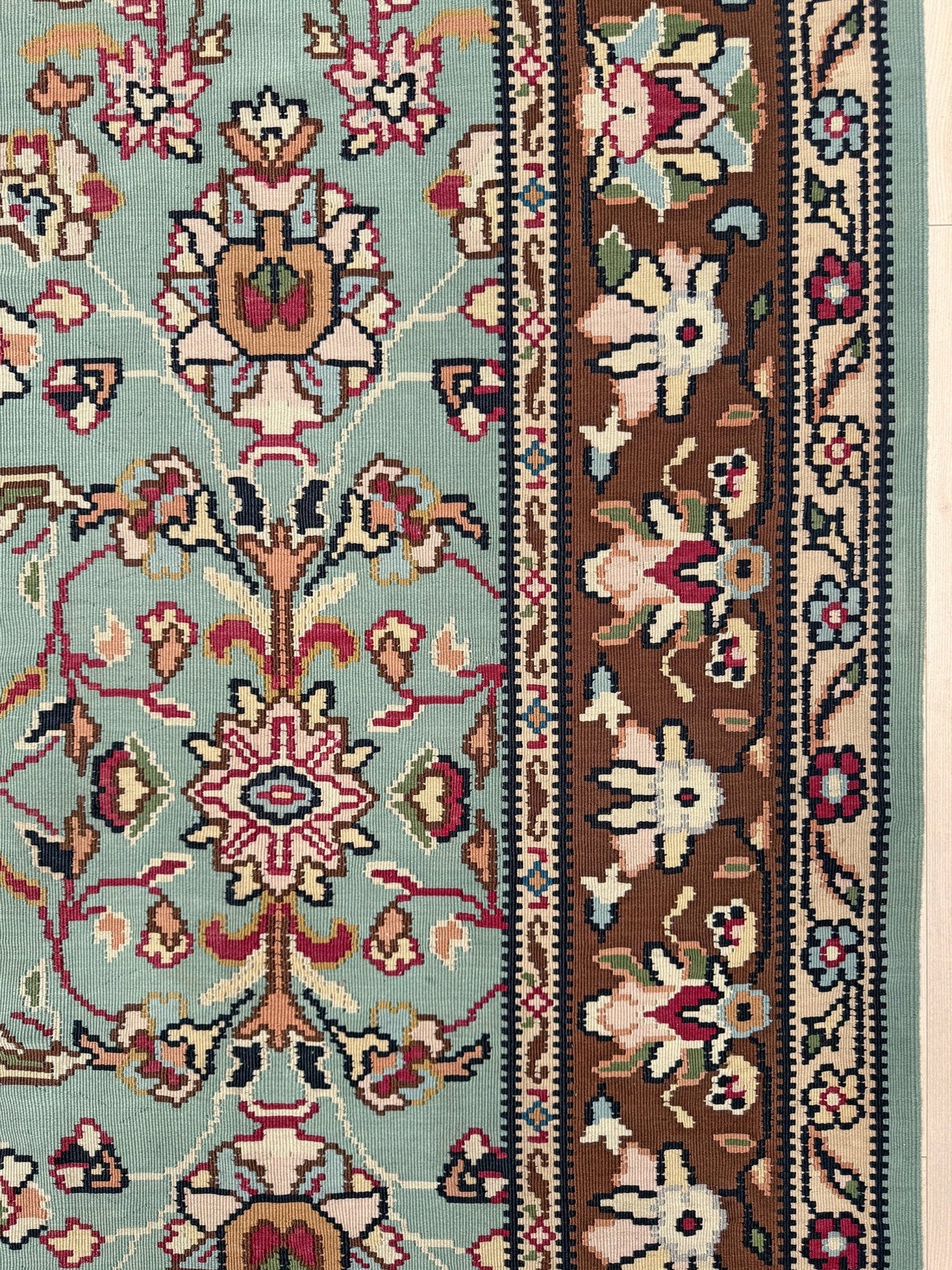Handmade vintage European kilim rug 8x11 with floral design in robin’s egg blue, chestnut, ivory, and magenta tones; perfect for dining room, living room, bedroom, or kitchen; ideal for boho or floral decor; available at the best rug shop in San Mateo, SF Bay Area with free shipping.