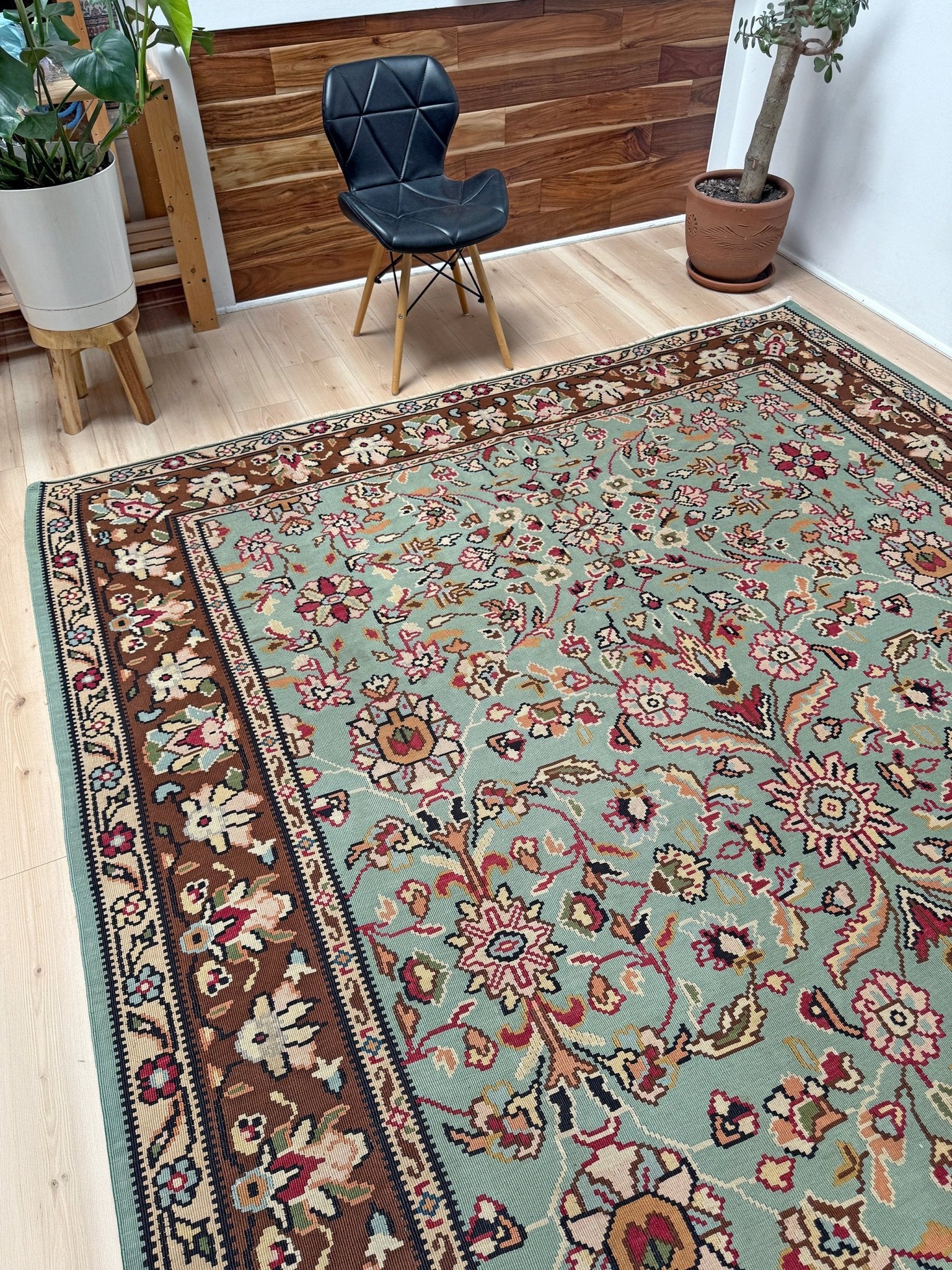 Handmade vintage European kilim rug 8x11 with floral design in robin’s egg blue, chestnut, ivory, and magenta tones; perfect for dining room, living room, bedroom, or kitchen; ideal for boho or floral decor; available at the best rug shop in San Mateo, SF Bay Area with free shipping.