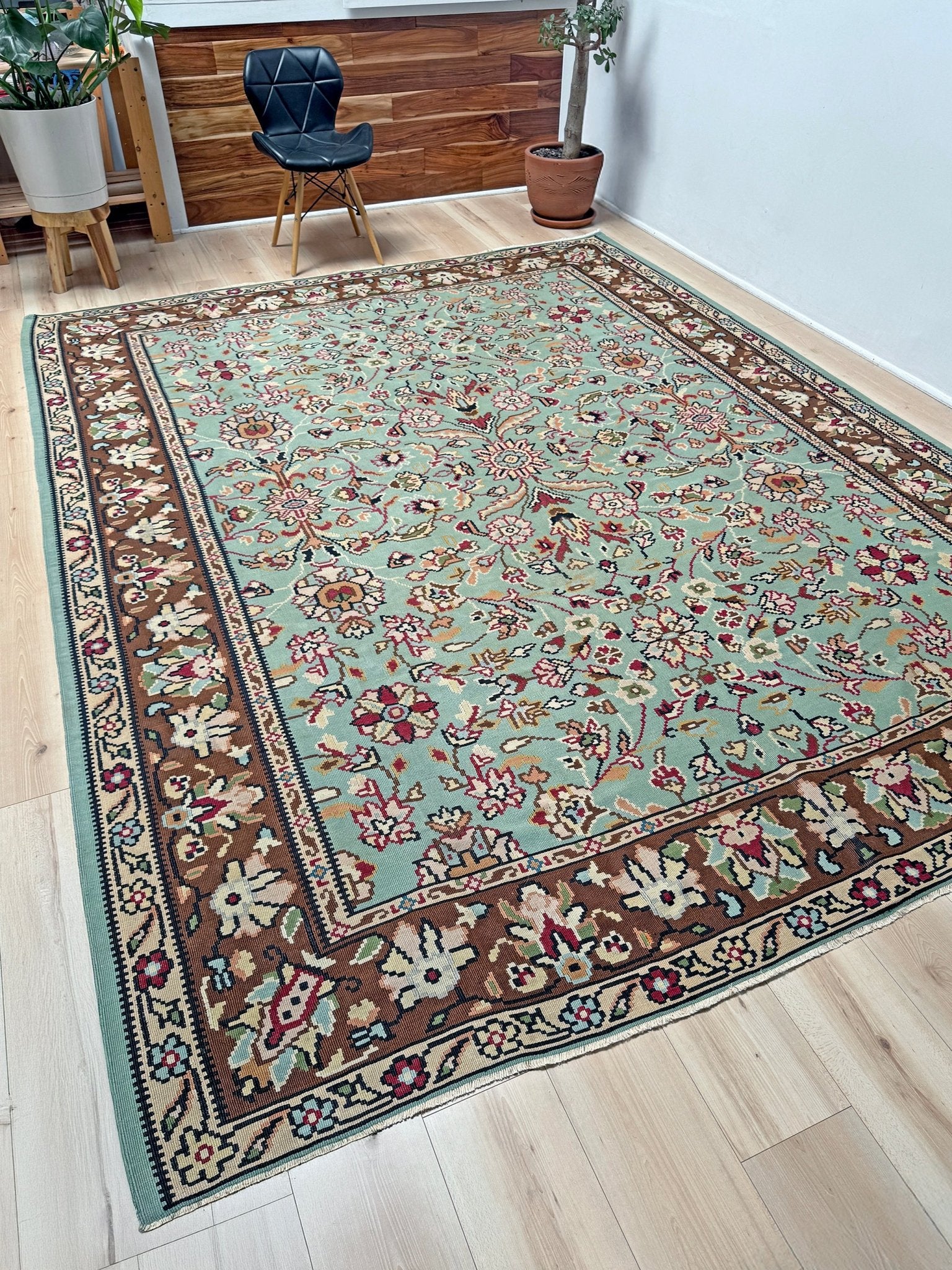 Handmade vintage European kilim rug 8x11 with floral design in robin’s egg blue, chestnut, ivory, and magenta tones; perfect for dining room, living room, bedroom, or kitchen; ideal for boho or floral decor; available at the best rug shop in San Mateo, SF Bay Area with free shipping.