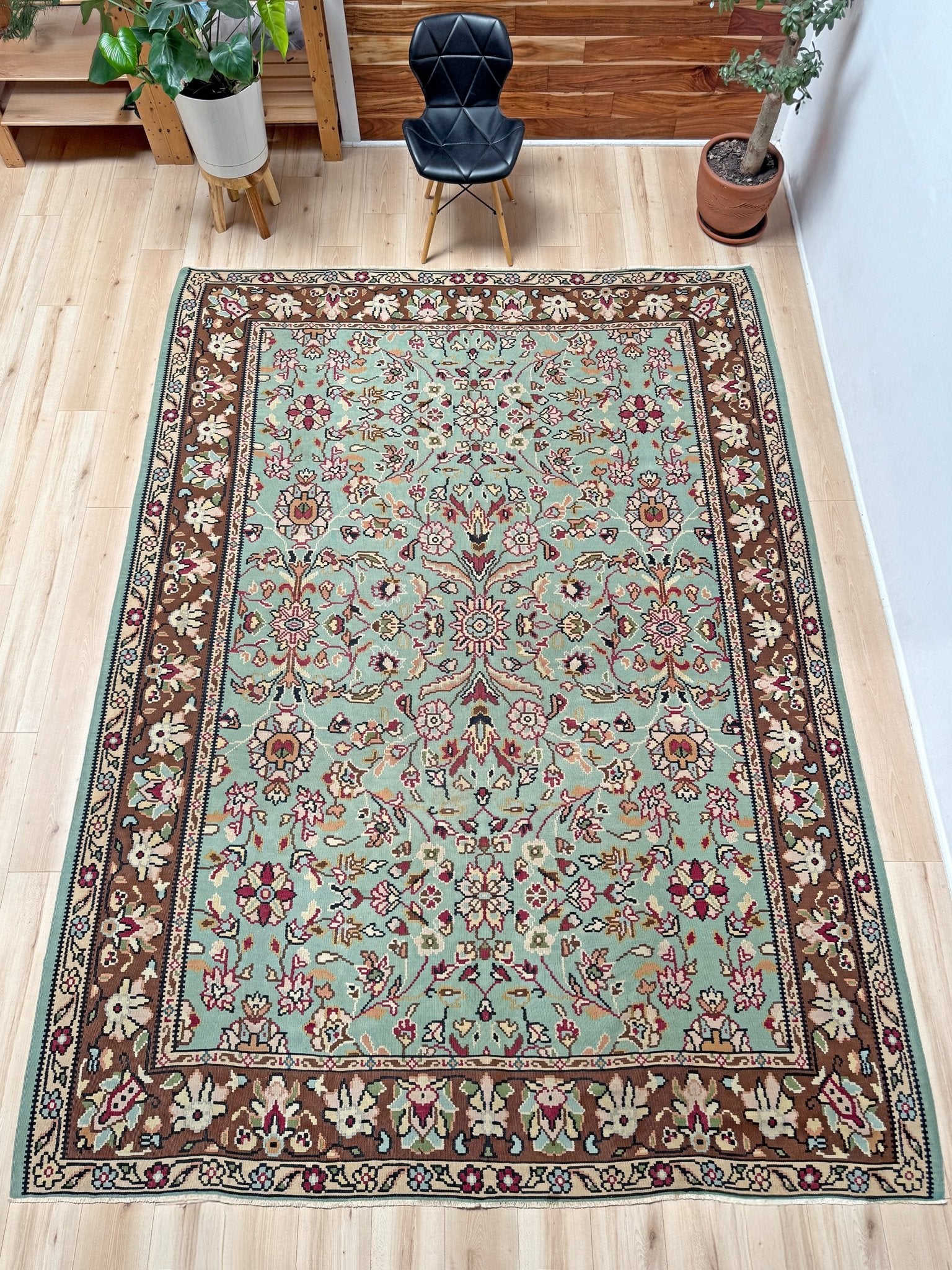 Handmade vintage European kilim rug 8x11 with floral design in robin’s egg blue, chestnut, ivory, and magenta tones; perfect for dining room, living room, bedroom, or kitchen; ideal for boho or floral decor; available at the best rug shop in San Mateo, SF Bay Area with free shipping.